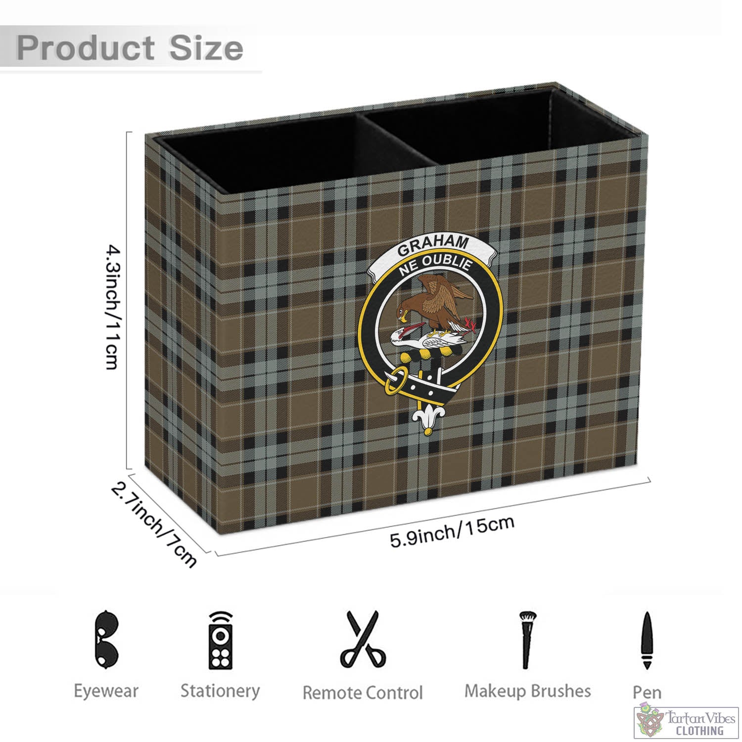 Tartan Vibes Clothing Graham of Menteith Weathered Tartan Pen Holder with Family Crest