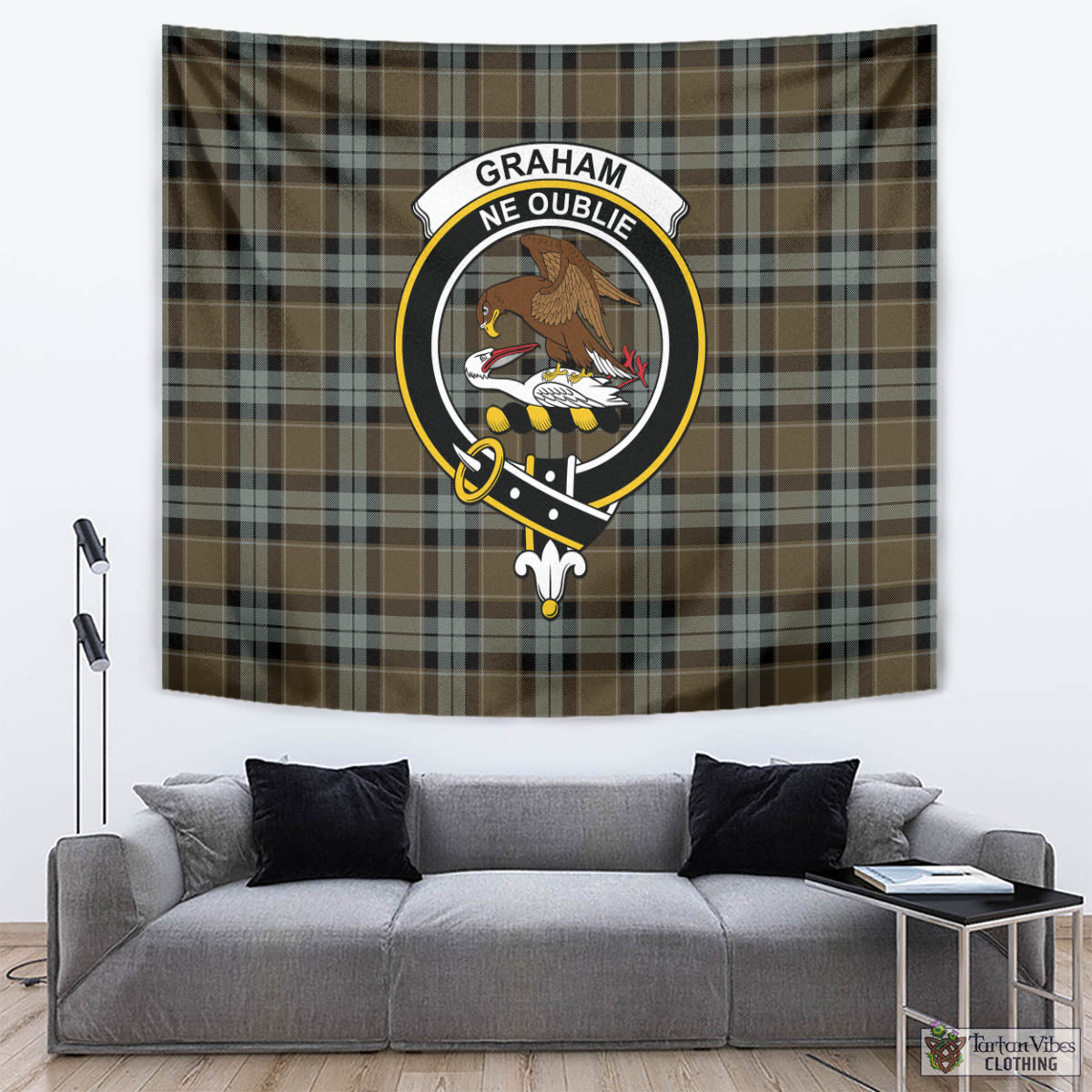 Tartan Vibes Clothing Graham of Menteith Weathered Tartan Tapestry Wall Hanging and Home Decor for Room with Family Crest