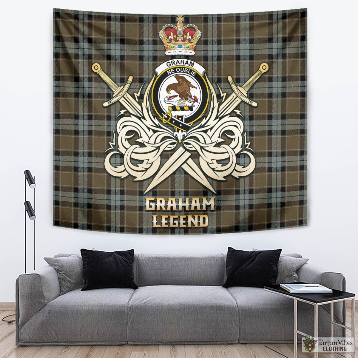 Tartan Vibes Clothing Graham of Menteith Weathered Tartan Tapestry with Clan Crest and the Golden Sword of Courageous Legacy