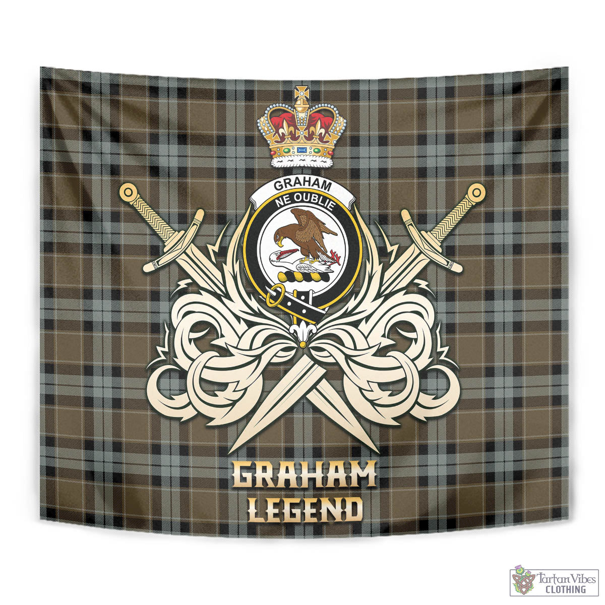 Tartan Vibes Clothing Graham of Menteith Weathered Tartan Tapestry with Clan Crest and the Golden Sword of Courageous Legacy