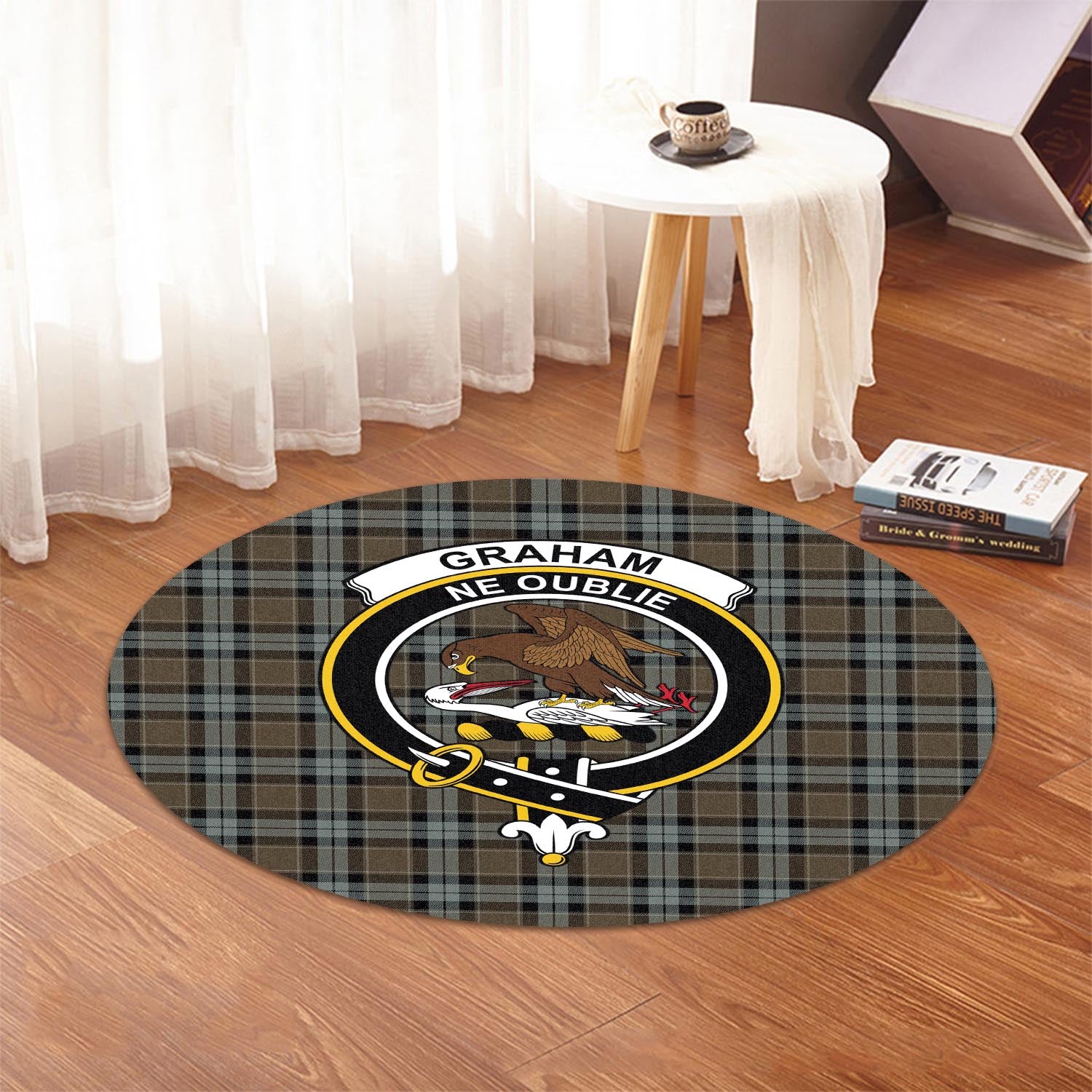 graham-of-menteith-weathered-tartan-round-rug-with-family-crest