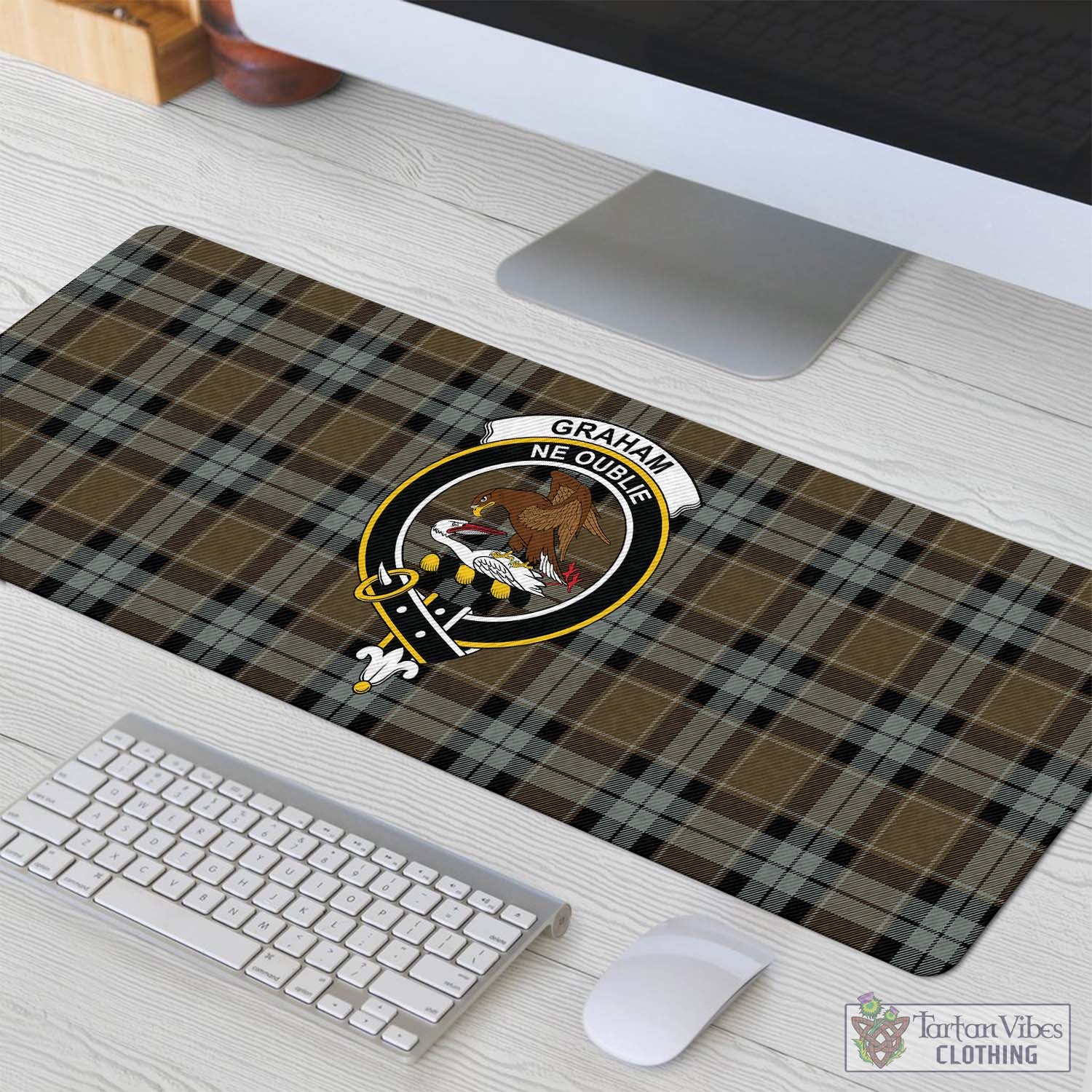 Tartan Vibes Clothing Graham of Menteith Weathered Tartan Mouse Pad with Family Crest