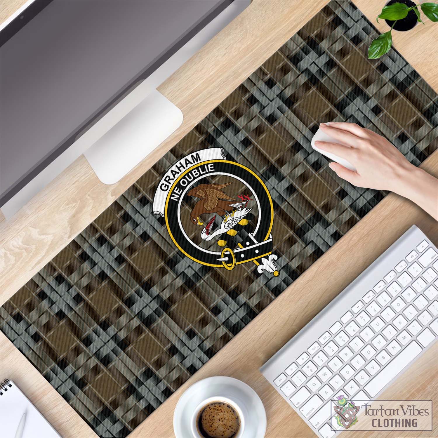 Tartan Vibes Clothing Graham of Menteith Weathered Tartan Mouse Pad with Family Crest