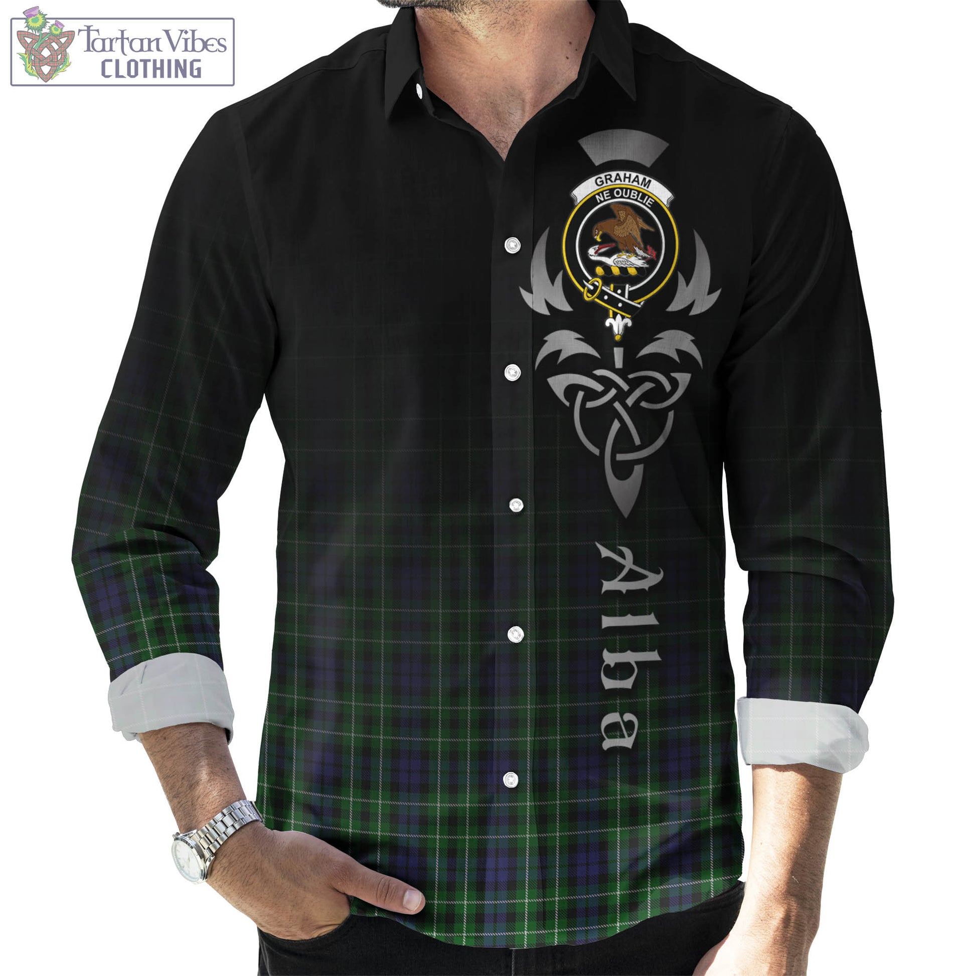 Tartan Vibes Clothing Graham of Montrose Tartan Long Sleeve Button Up Featuring Alba Gu Brath Family Crest Celtic Inspired