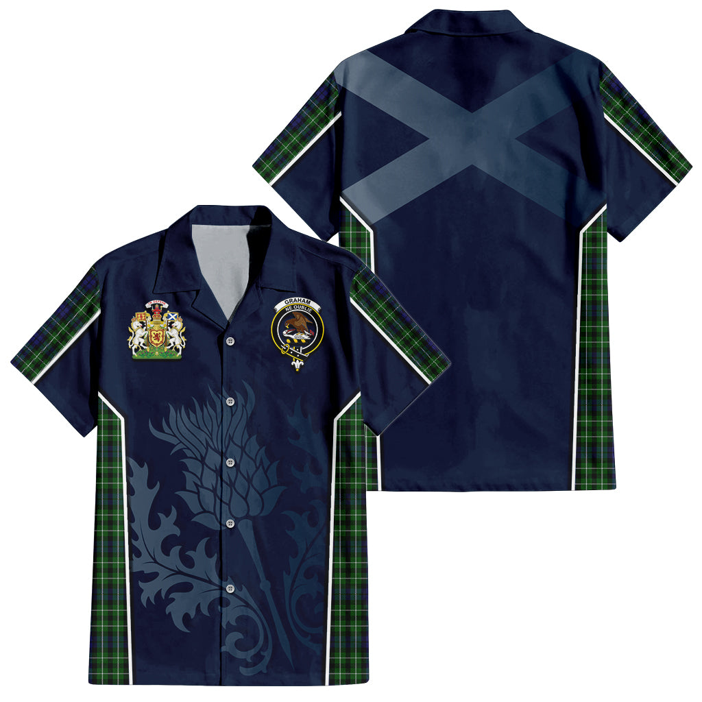 Tartan Vibes Clothing Graham of Montrose Tartan Short Sleeve Button Up Shirt with Family Crest and Scottish Thistle Vibes Sport Style