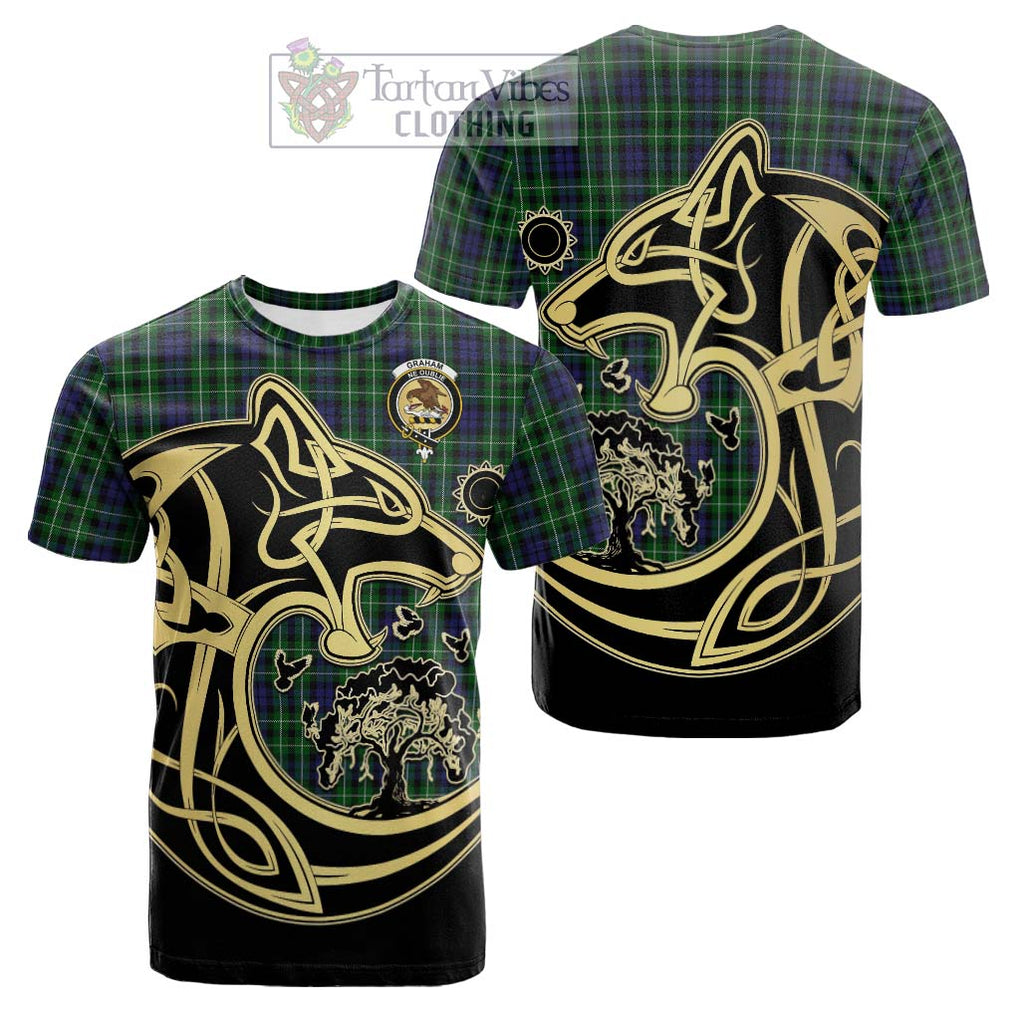 Tartan Vibes Clothing Graham of Montrose Tartan Cotton T-shirt with Family Crest Celtic Wolf Style