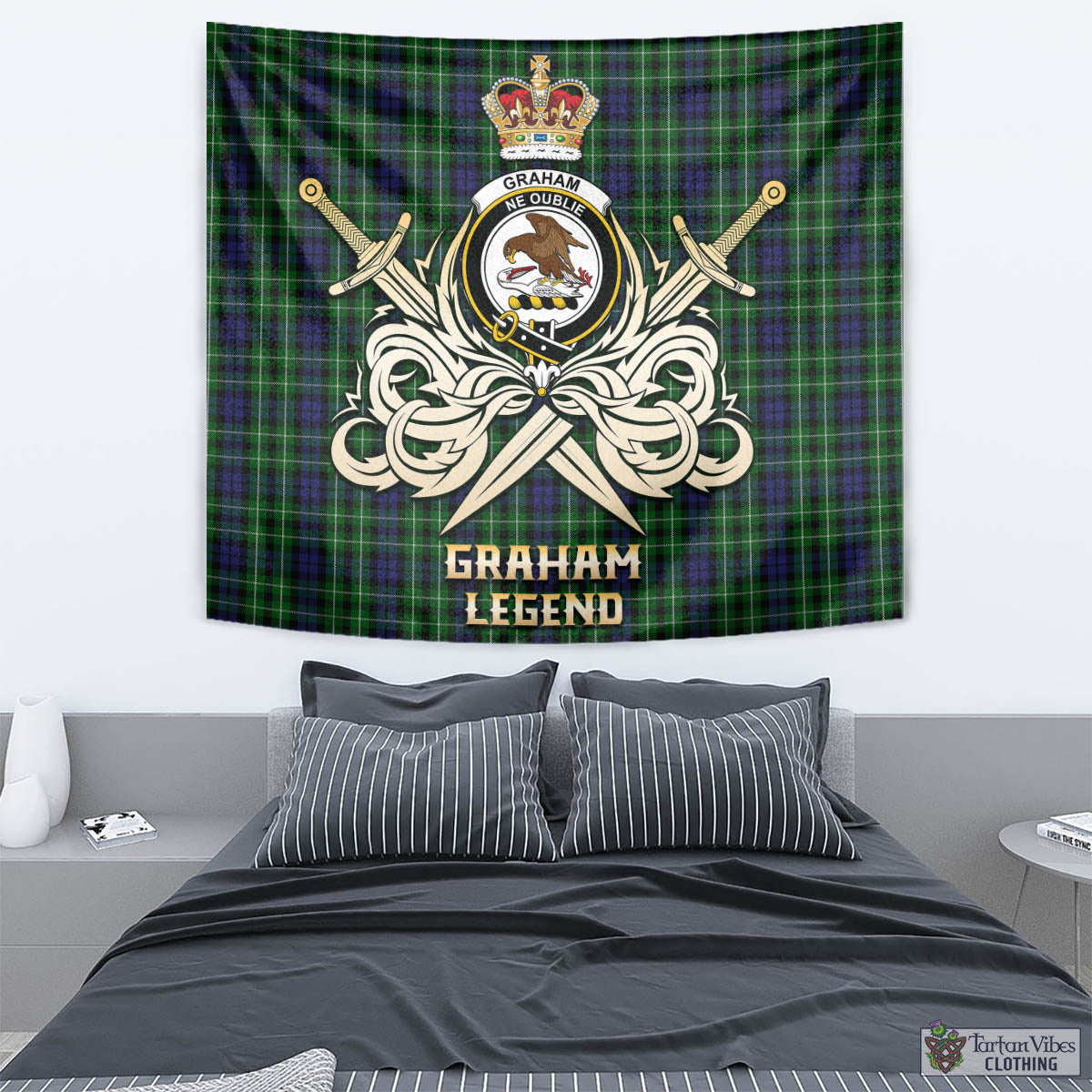 Tartan Vibes Clothing Graham of Montrose Tartan Tapestry with Clan Crest and the Golden Sword of Courageous Legacy