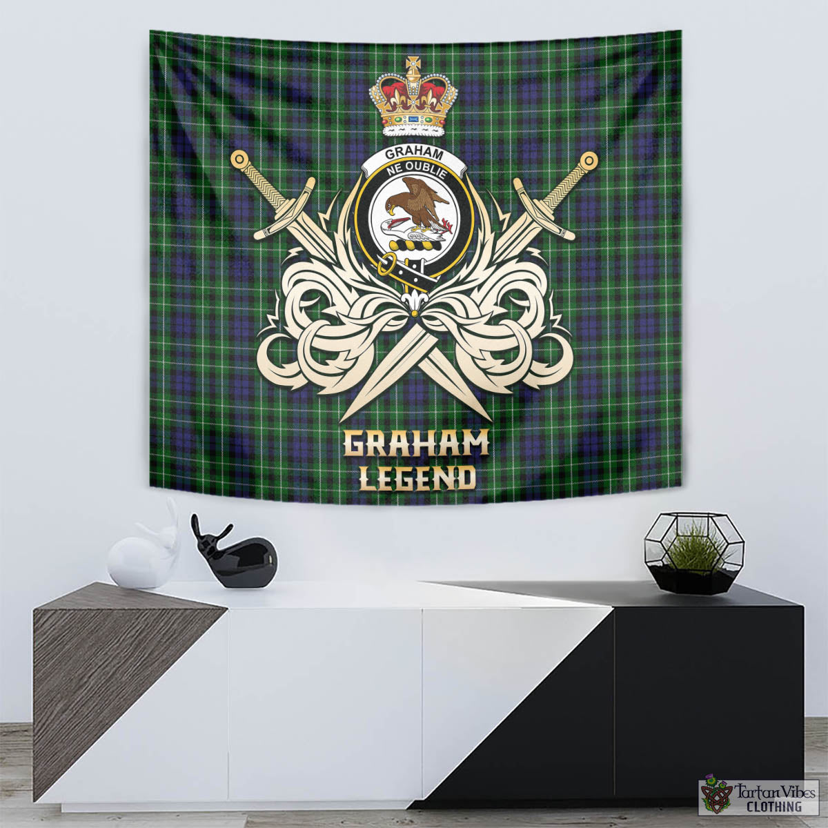 Tartan Vibes Clothing Graham of Montrose Tartan Tapestry with Clan Crest and the Golden Sword of Courageous Legacy