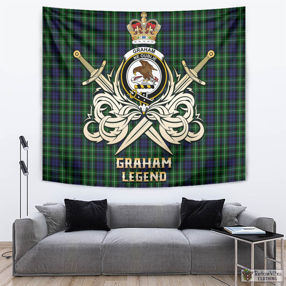 Tartan Vibes Clothing Graham of Montrose Tartan Tapestry with Clan Crest and the Golden Sword of Courageous Legacy