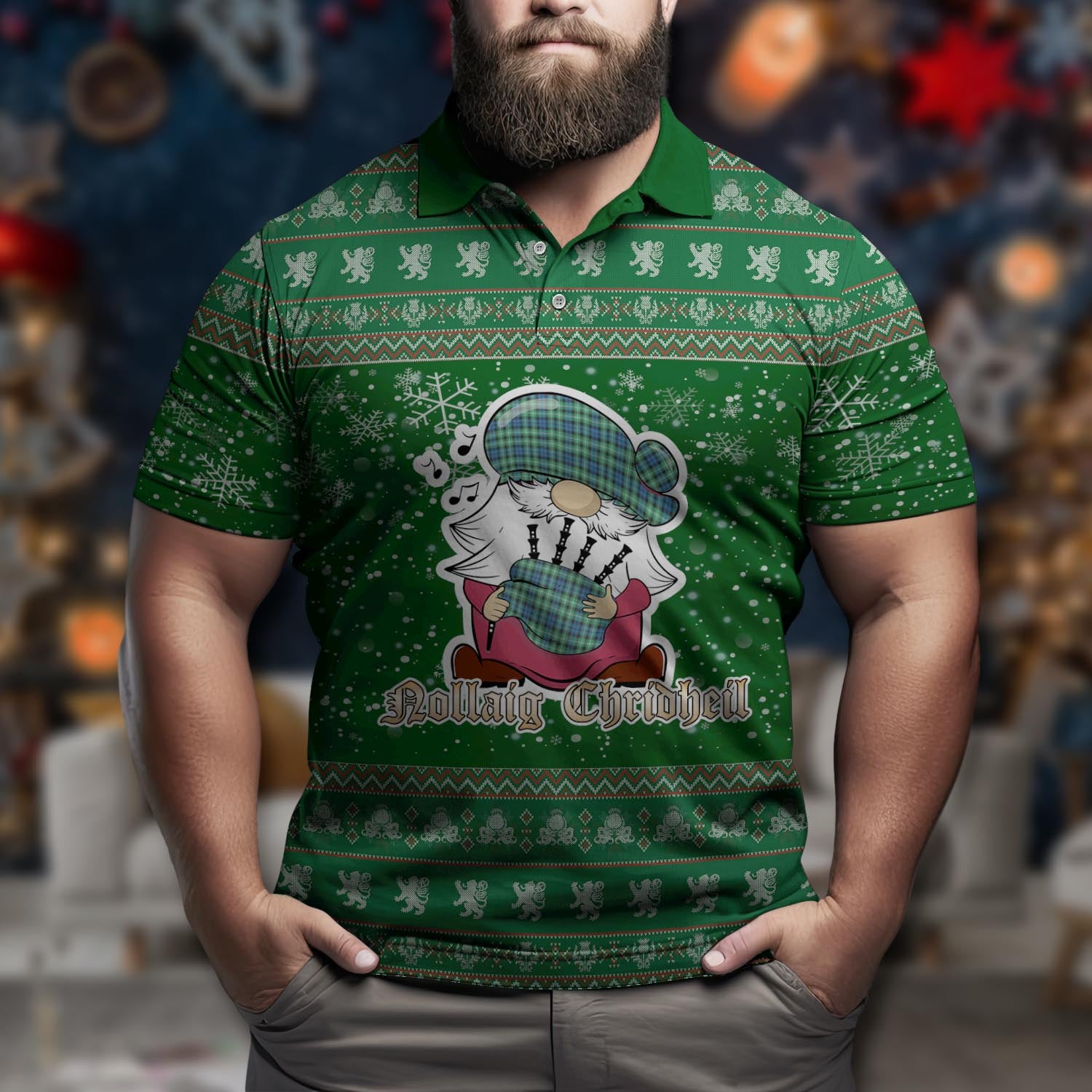 Graham of Montrose Ancient Clan Christmas Family Polo Shirt with Funny Gnome Playing Bagpipes Men's Polo Shirt Green - Tartanvibesclothing