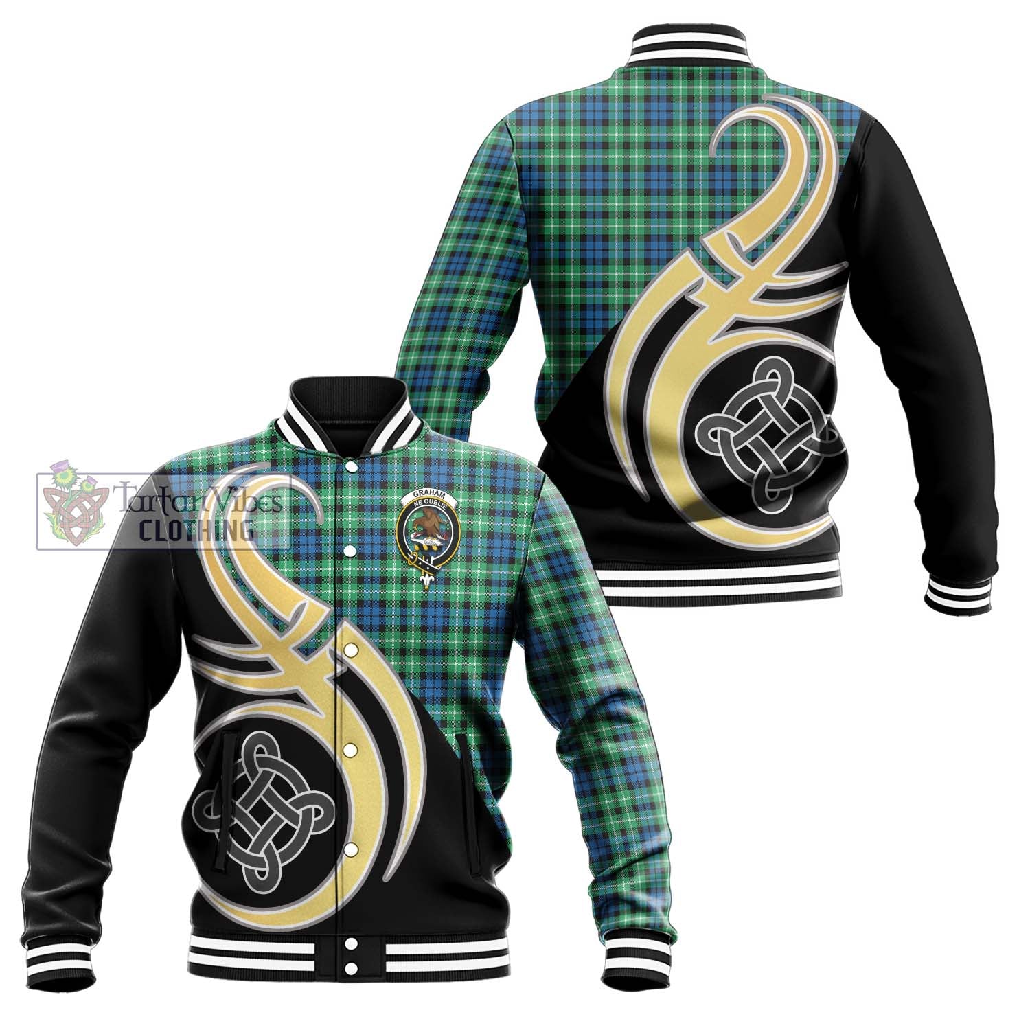 Graham Tartan Baseball Jacket with Family Crest and Celtic Symbol Style Unisex - Tartan Vibes Clothing