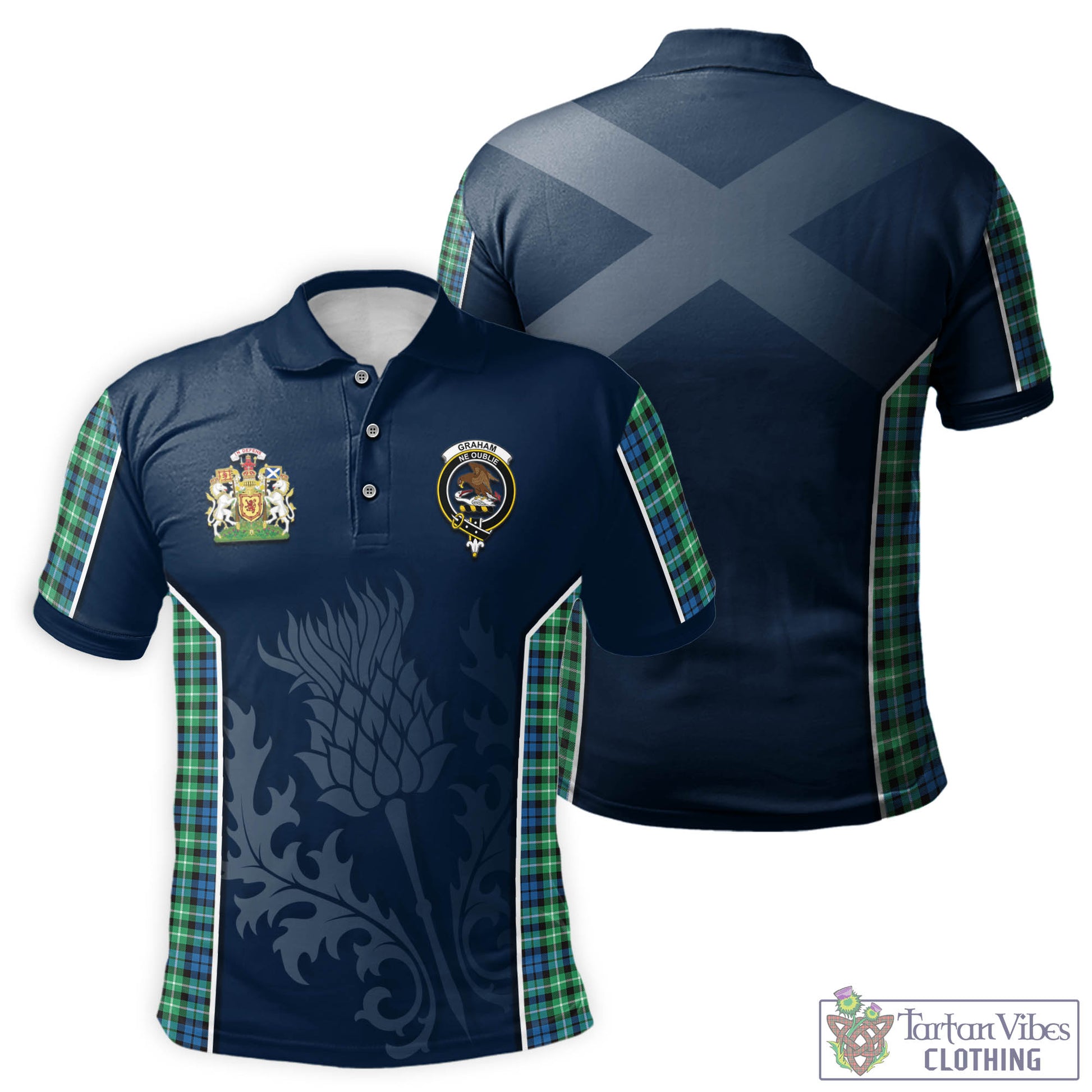 Tartan Vibes Clothing Graham of Montrose Ancient Tartan Men's Polo Shirt with Family Crest and Scottish Thistle Vibes Sport Style