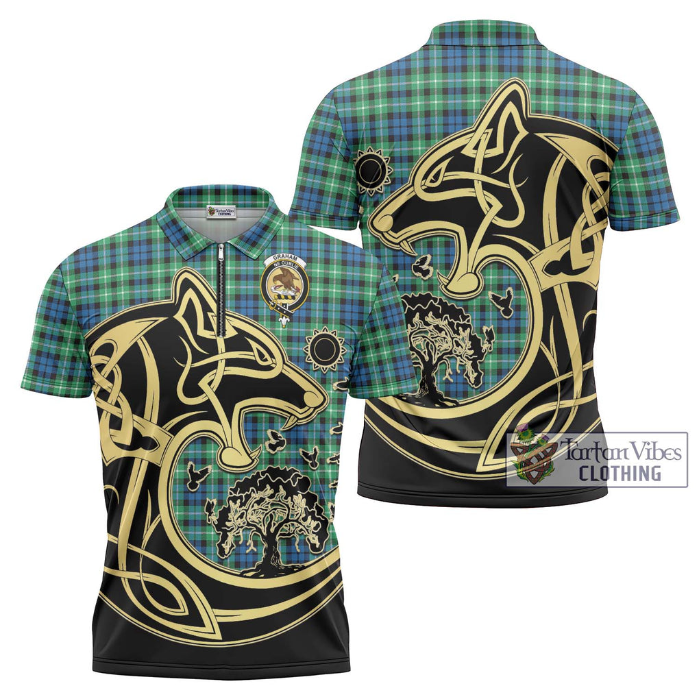 Graham Tartan Zipper Polo Shirt with Family Crest Celtic Wolf Style Unisex - Tartanvibesclothing Shop