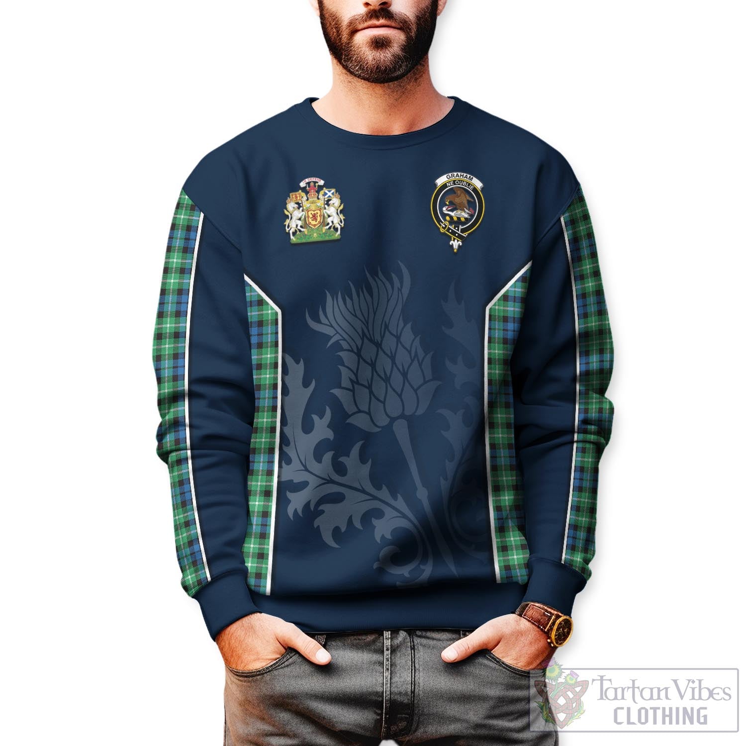 Tartan Vibes Clothing Graham of Montrose Ancient Tartan Sweatshirt with Family Crest and Scottish Thistle Vibes Sport Style