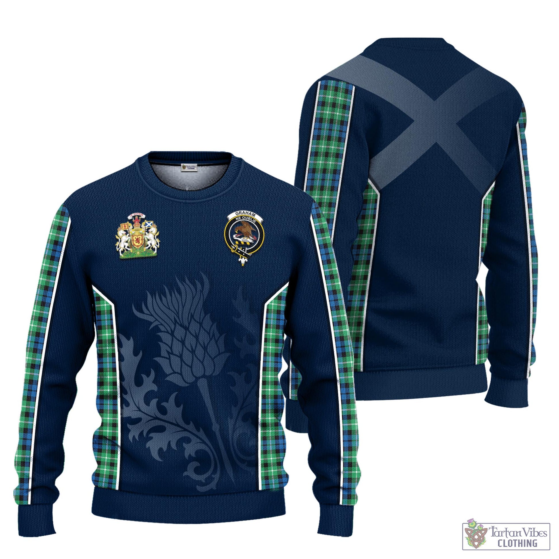 Tartan Vibes Clothing Graham of Montrose Ancient Tartan Knitted Sweatshirt with Family Crest and Scottish Thistle Vibes Sport Style