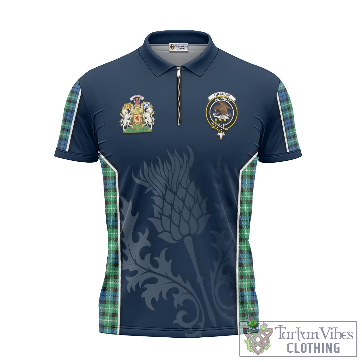 Tartan Vibes Clothing Graham of Montrose Ancient Tartan Zipper Polo Shirt with Family Crest and Scottish Thistle Vibes Sport Style