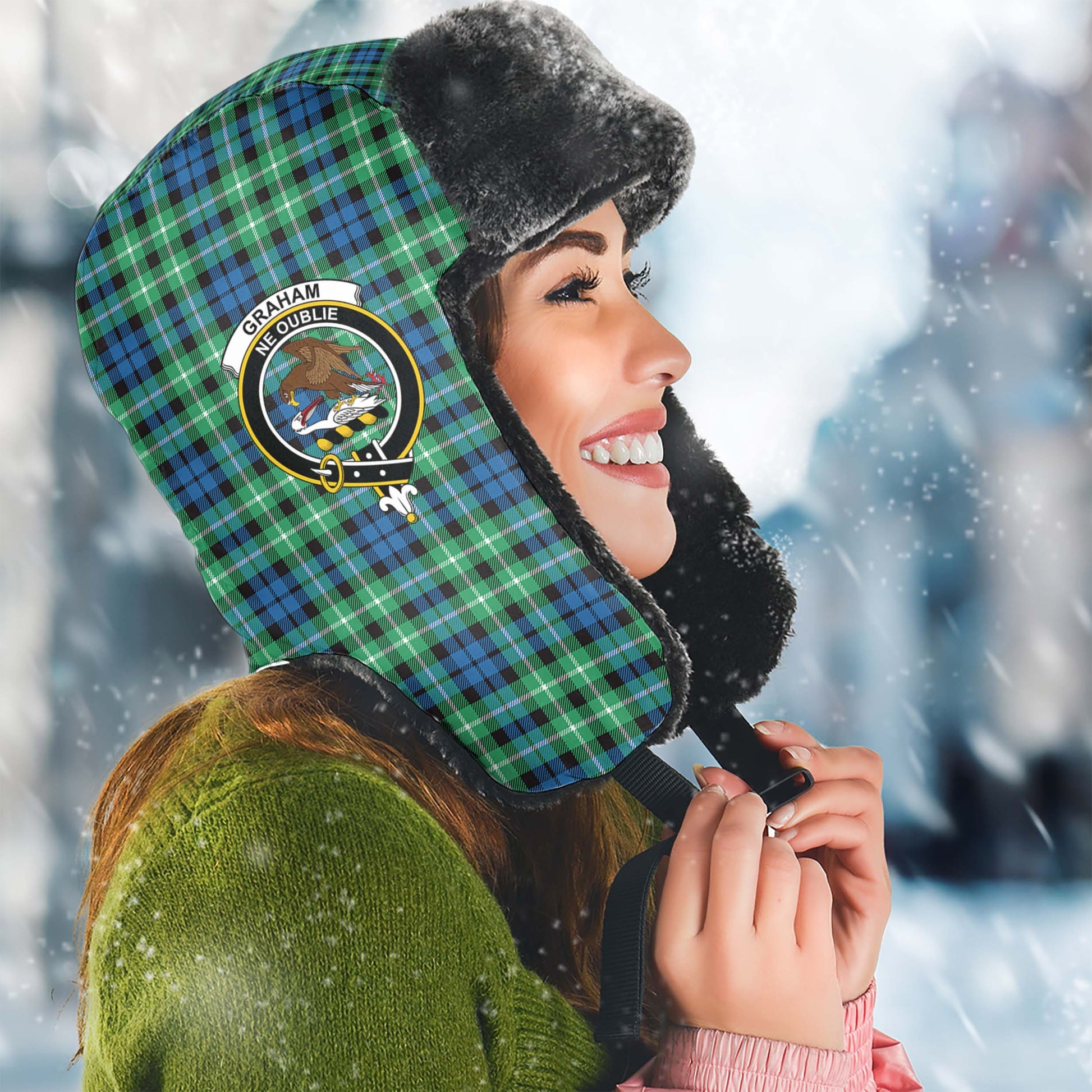 Graham of Montrose Ancient Tartan Winter Trapper Hat with Family Crest Winter Trapper Hat Universal Fit Circumference 22.8in (58cm) - Tartanvibesclothing