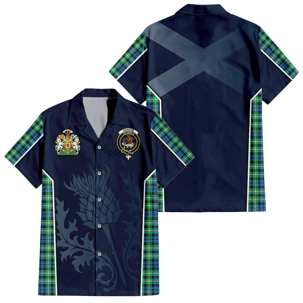 Tartan Vibes Clothing Graham of Montrose Ancient Tartan Short Sleeve Button Up Shirt with Family Crest and Scottish Thistle Vibes Sport Style