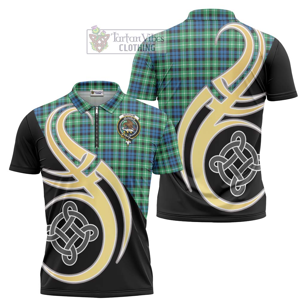 Tartan Vibes Clothing Graham of Montrose Ancient Tartan Zipper Polo Shirt with Family Crest and Celtic Symbol Style