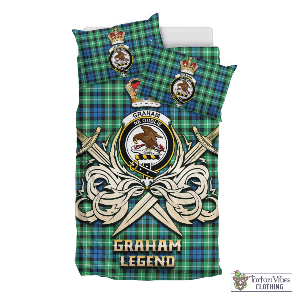 Tartan Vibes Clothing Graham of Montrose Ancient Tartan Bedding Set with Clan Crest and the Golden Sword of Courageous Legacy