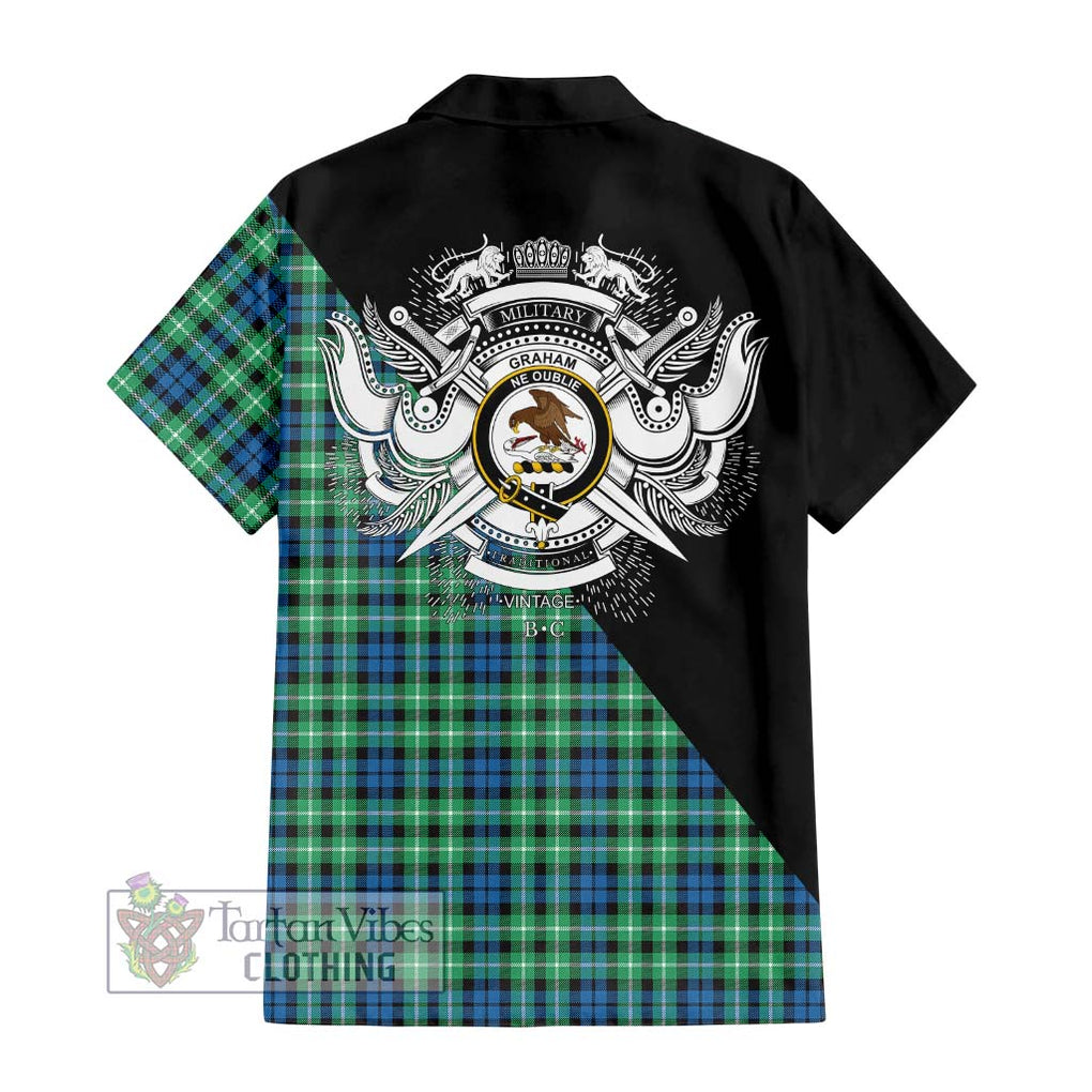 Graham Tartan Short Sleeve Button Shirt with Family Crest and Military Logo Style - Tartanvibesclothing Shop