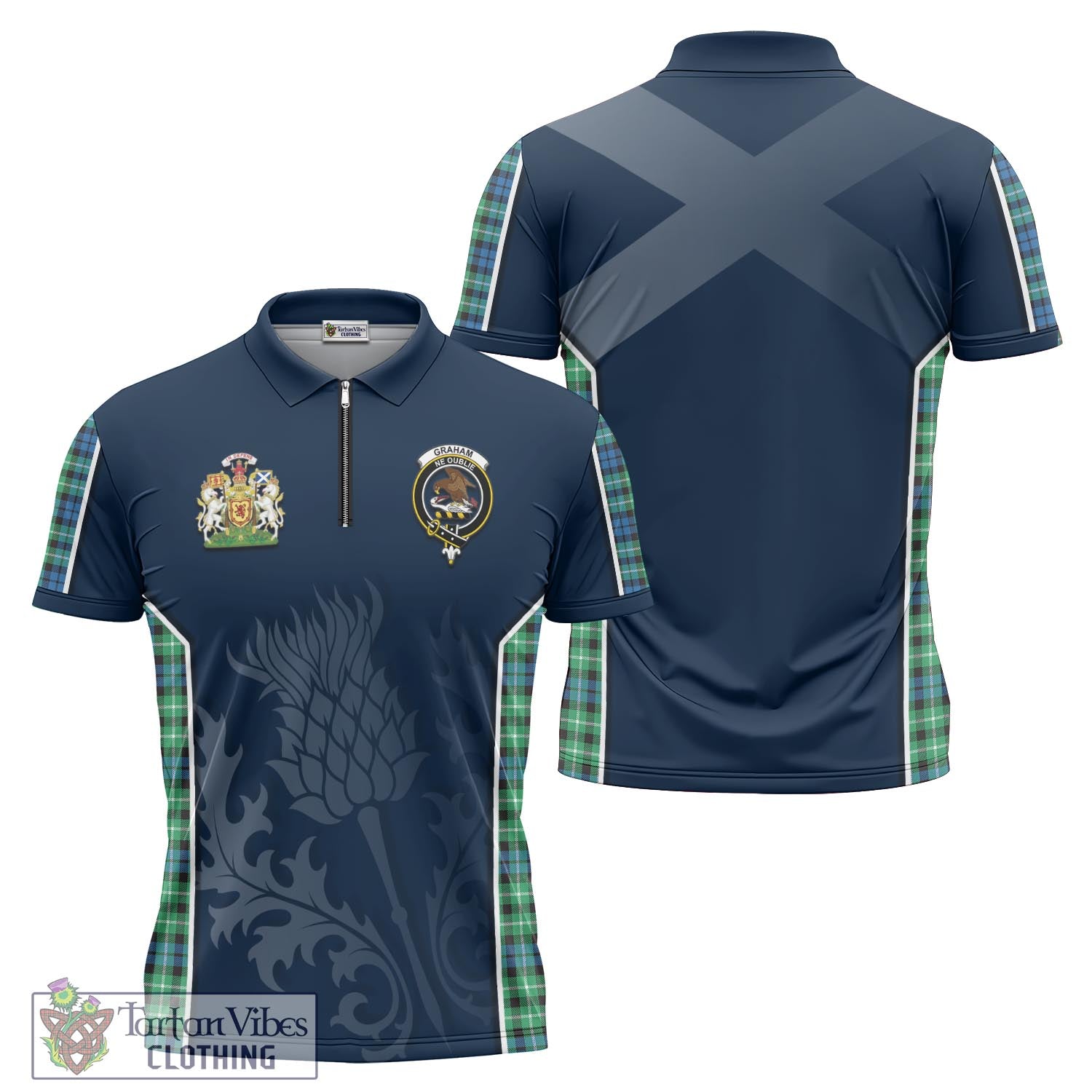 Tartan Vibes Clothing Graham of Montrose Ancient Tartan Zipper Polo Shirt with Family Crest and Scottish Thistle Vibes Sport Style