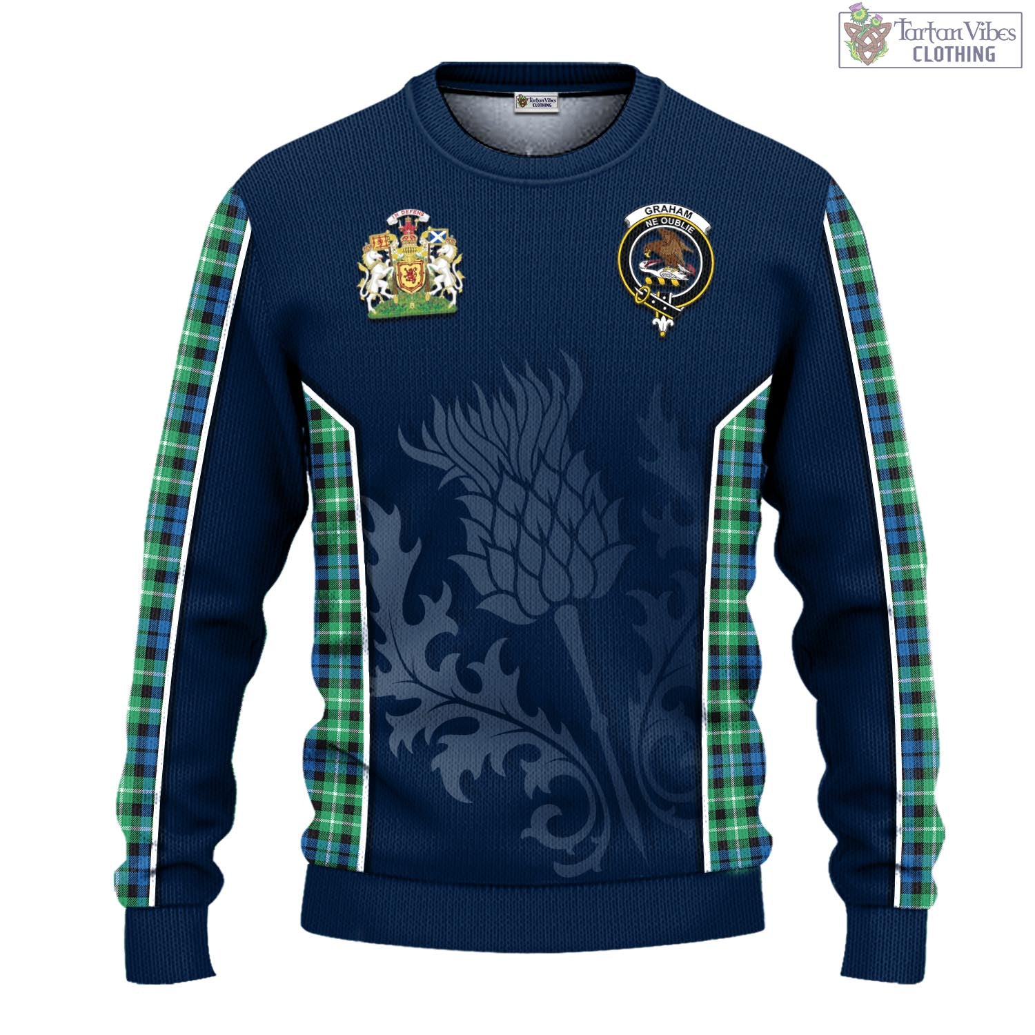 Tartan Vibes Clothing Graham of Montrose Ancient Tartan Knitted Sweatshirt with Family Crest and Scottish Thistle Vibes Sport Style