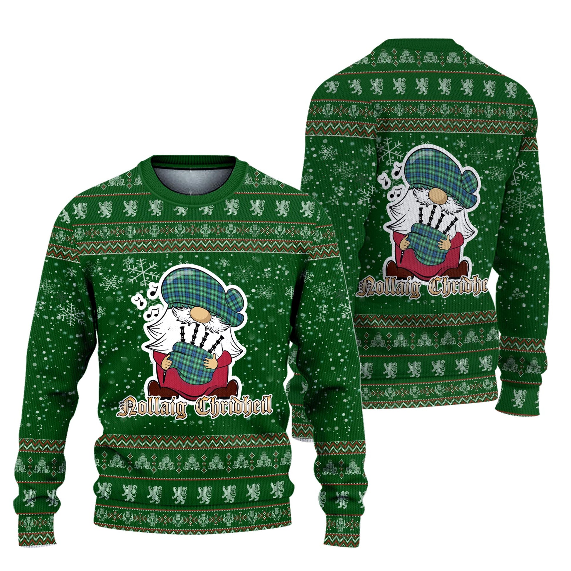 Graham of Montrose Ancient Clan Christmas Family Knitted Sweater with Funny Gnome Playing Bagpipes Unisex Green - Tartanvibesclothing