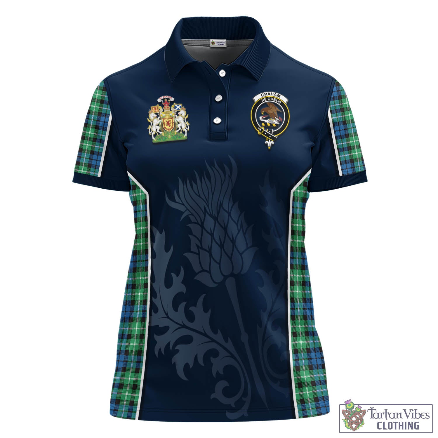 Tartan Vibes Clothing Graham of Montrose Ancient Tartan Women's Polo Shirt with Family Crest and Scottish Thistle Vibes Sport Style