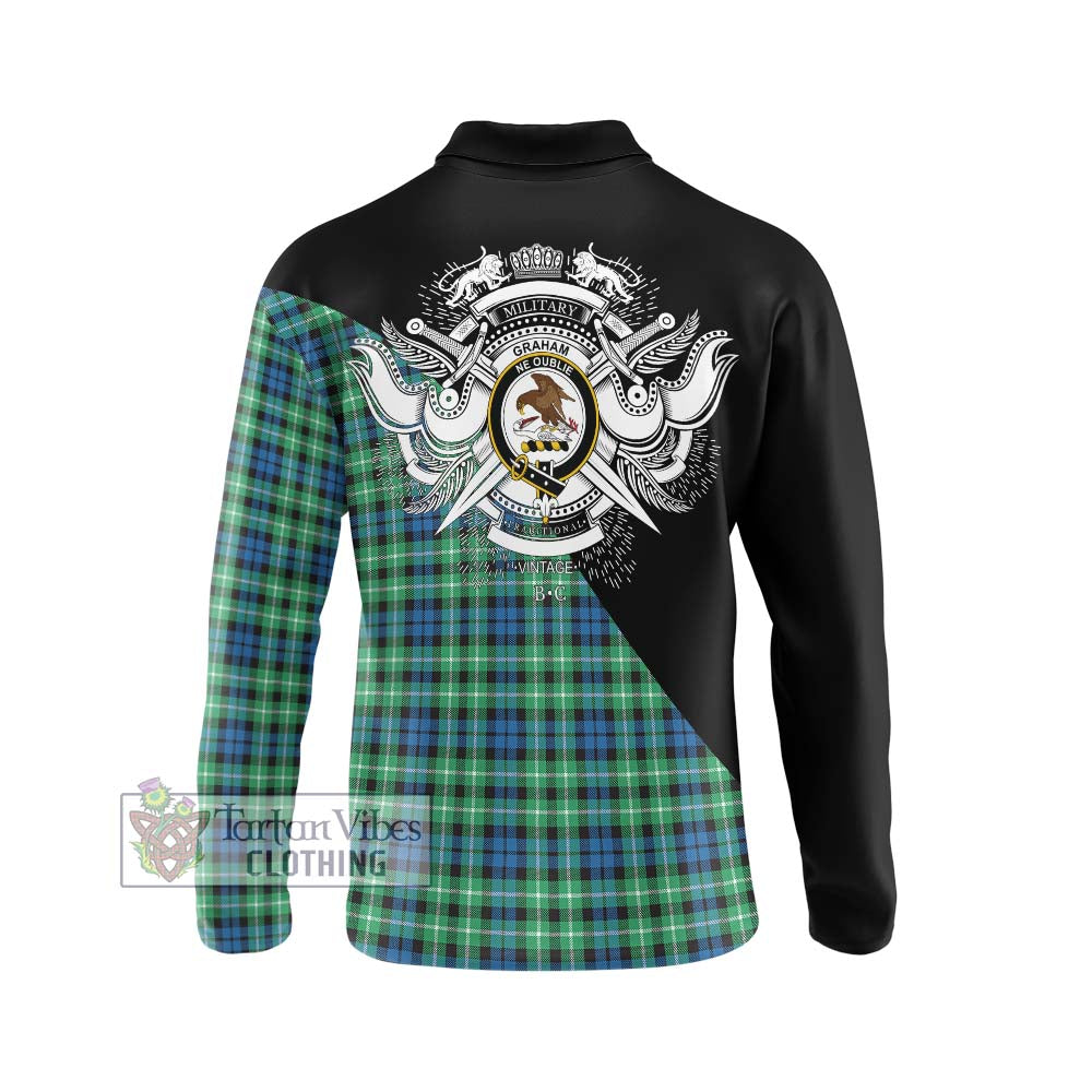 Graham Tartan Long Sleeve Polo Shirt with Family Crest and Military Logo Style - Tartanvibesclothing Shop