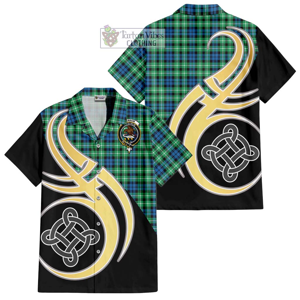 Graham Tartan Short Sleeve Button Shirt with Family Crest and Celtic Symbol Style - Tartan Vibes Clothing