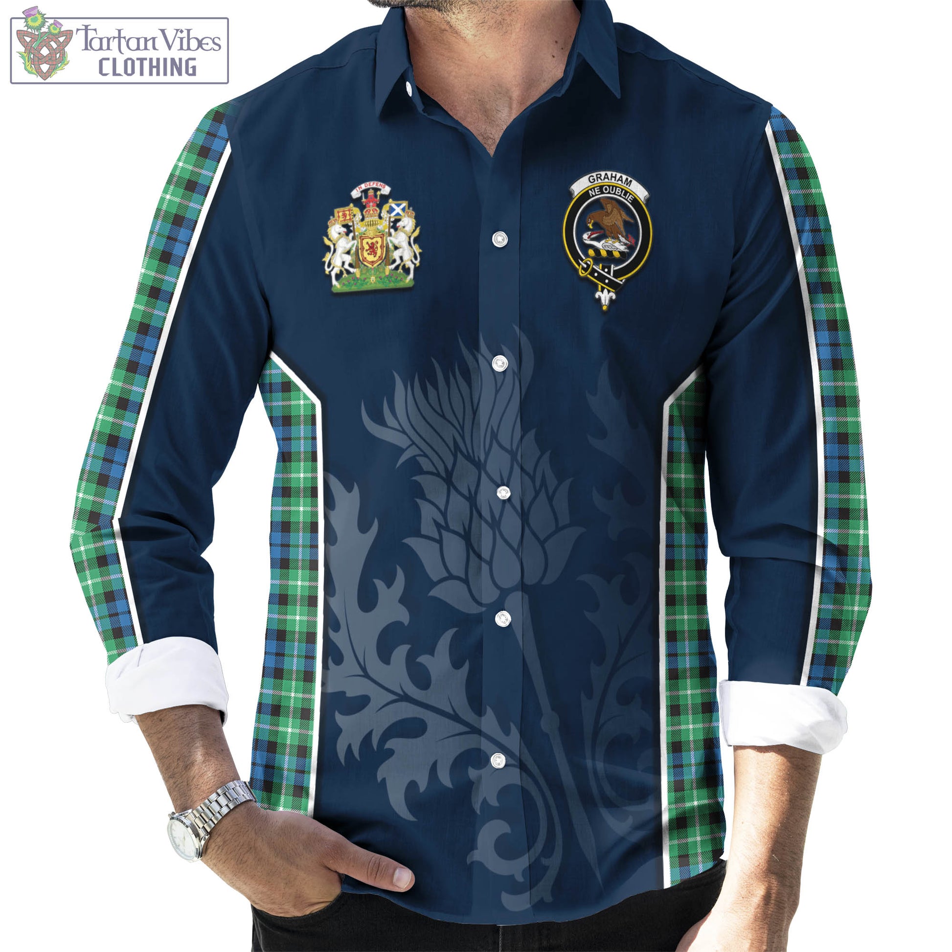 Tartan Vibes Clothing Graham of Montrose Ancient Tartan Long Sleeve Button Up Shirt with Family Crest and Scottish Thistle Vibes Sport Style