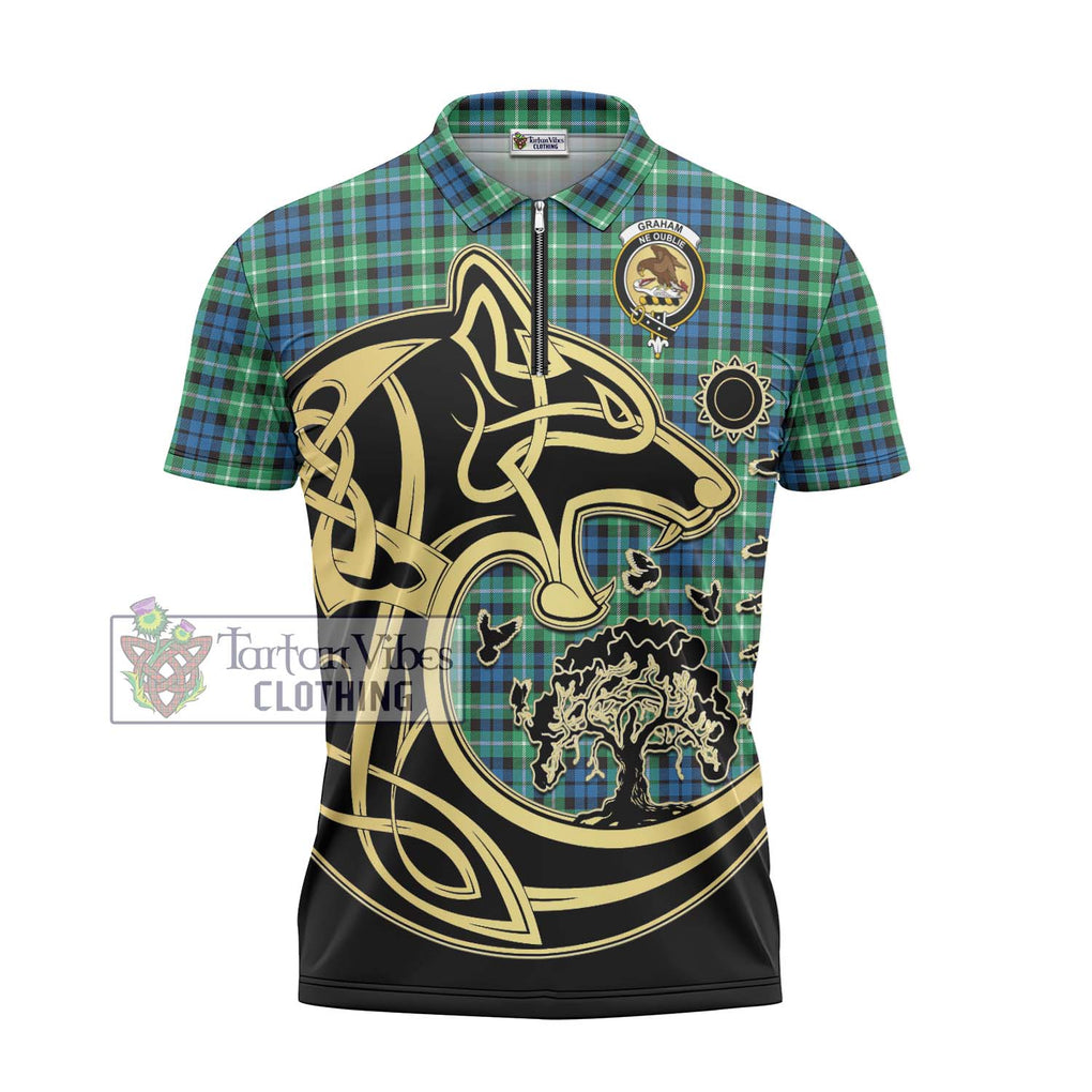 Graham Tartan Zipper Polo Shirt with Family Crest Celtic Wolf Style - Tartanvibesclothing Shop