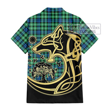 Graham Tartan Short Sleeve Button Shirt with Family Crest Celtic Wolf Style