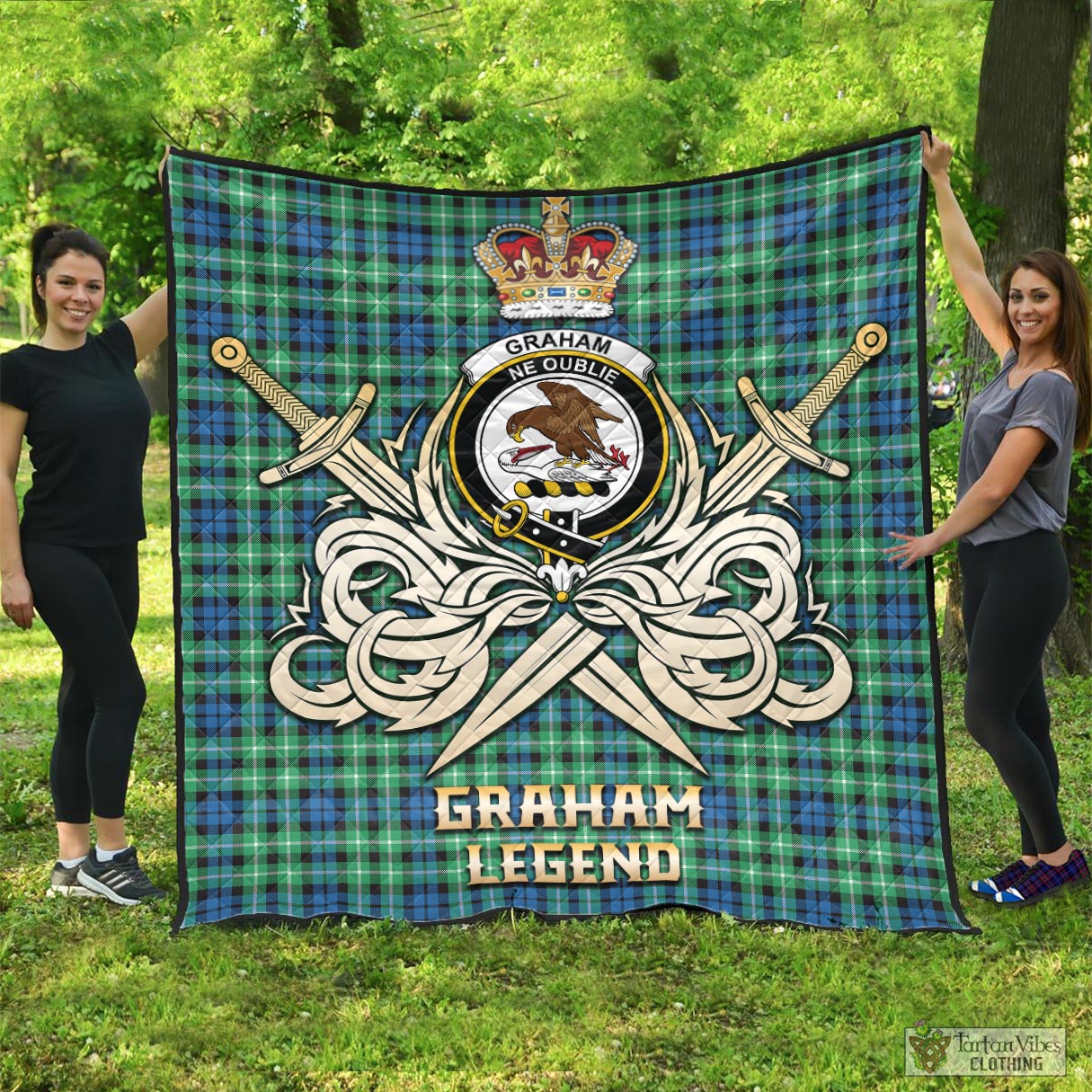 Tartan Vibes Clothing Graham of Montrose Ancient Tartan Quilt with Clan Crest and the Golden Sword of Courageous Legacy