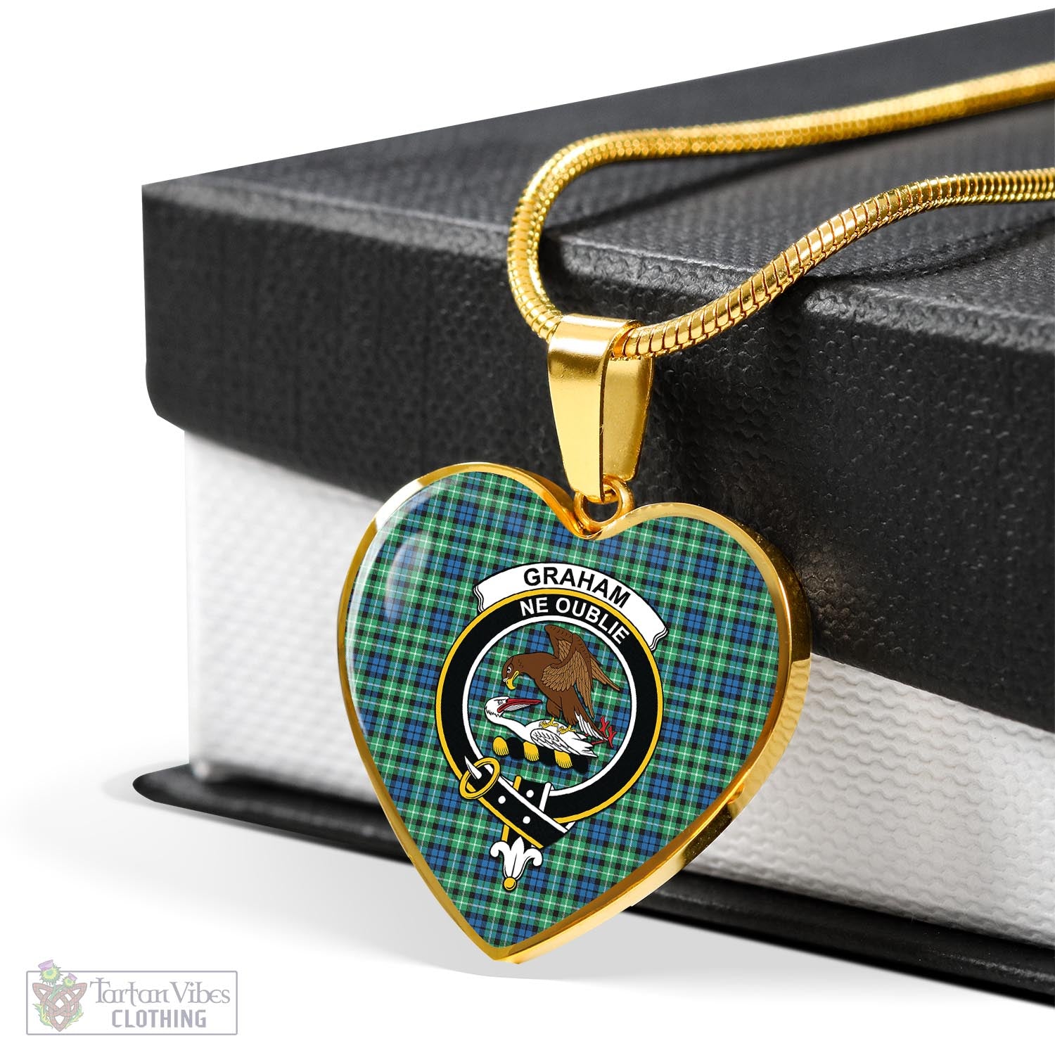 Tartan Vibes Clothing Graham of Montrose Ancient Tartan Heart Necklace with Family Crest