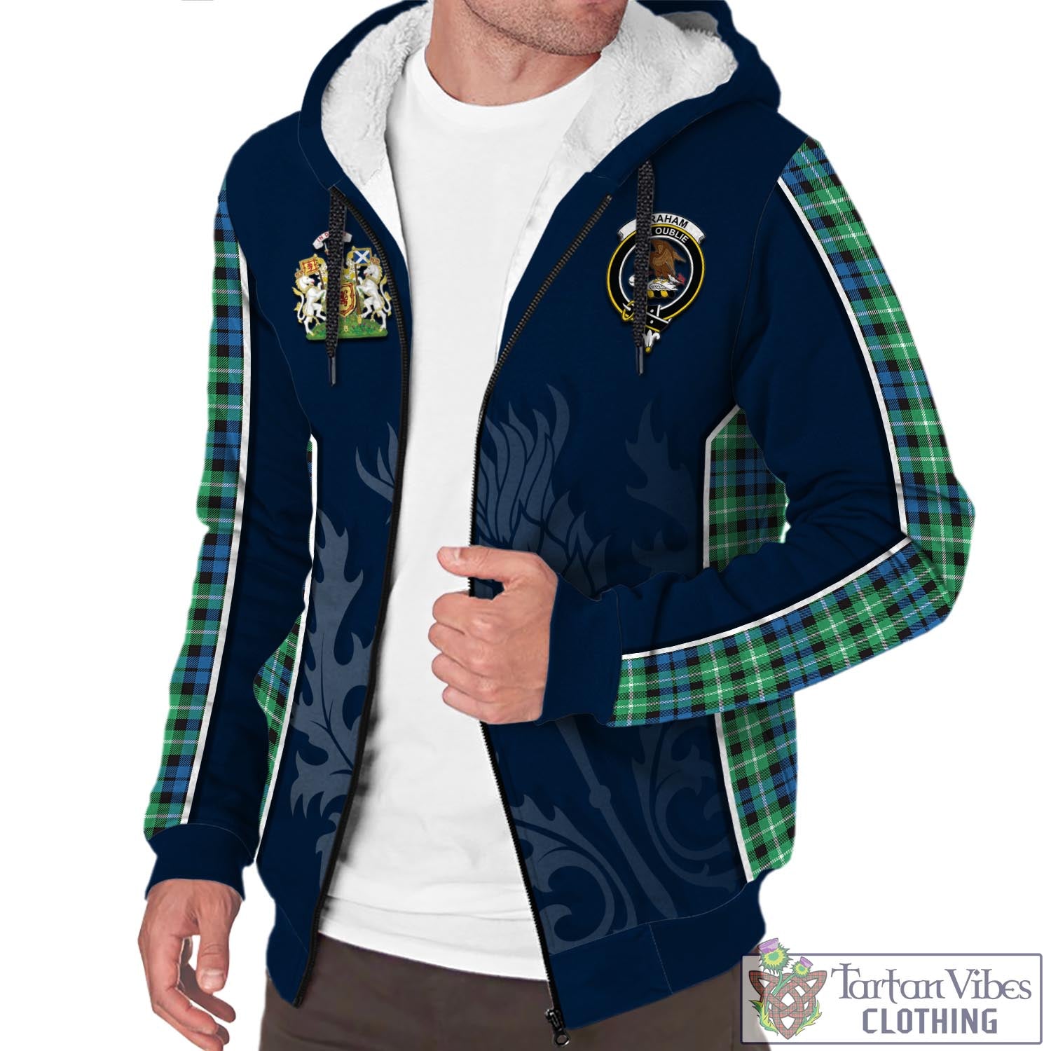 Tartan Vibes Clothing Graham of Montrose Ancient Tartan Sherpa Hoodie with Family Crest and Scottish Thistle Vibes Sport Style