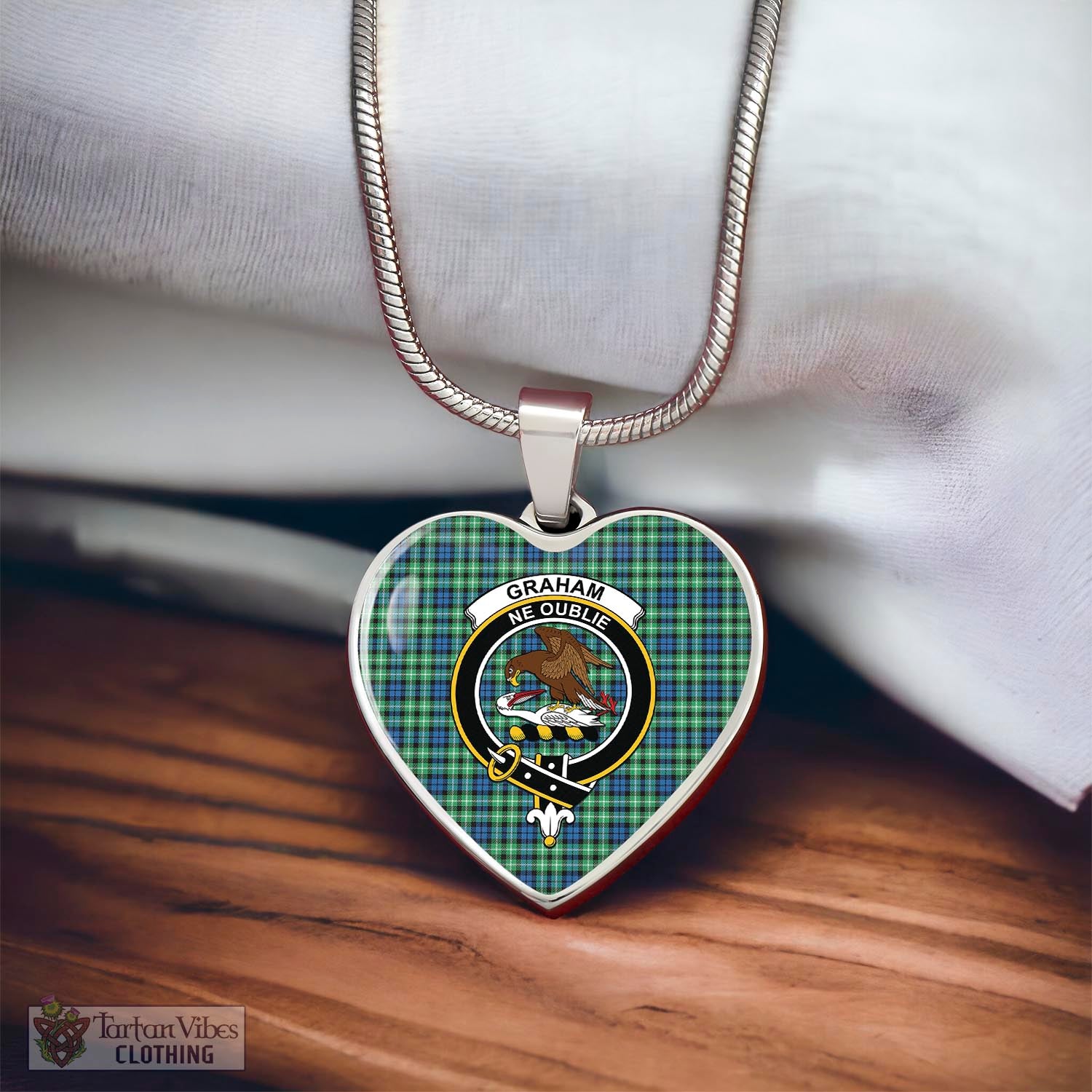 Tartan Vibes Clothing Graham of Montrose Ancient Tartan Heart Necklace with Family Crest