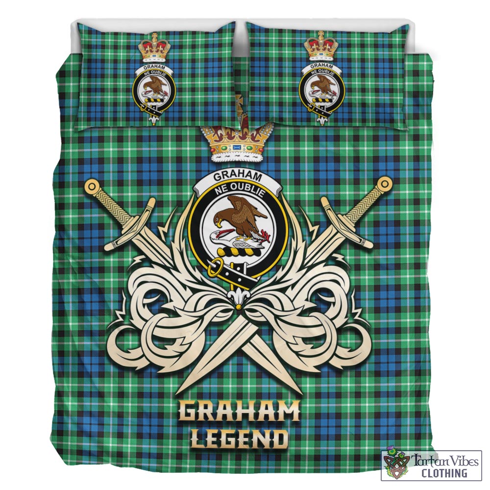 Tartan Vibes Clothing Graham of Montrose Ancient Tartan Bedding Set with Clan Crest and the Golden Sword of Courageous Legacy