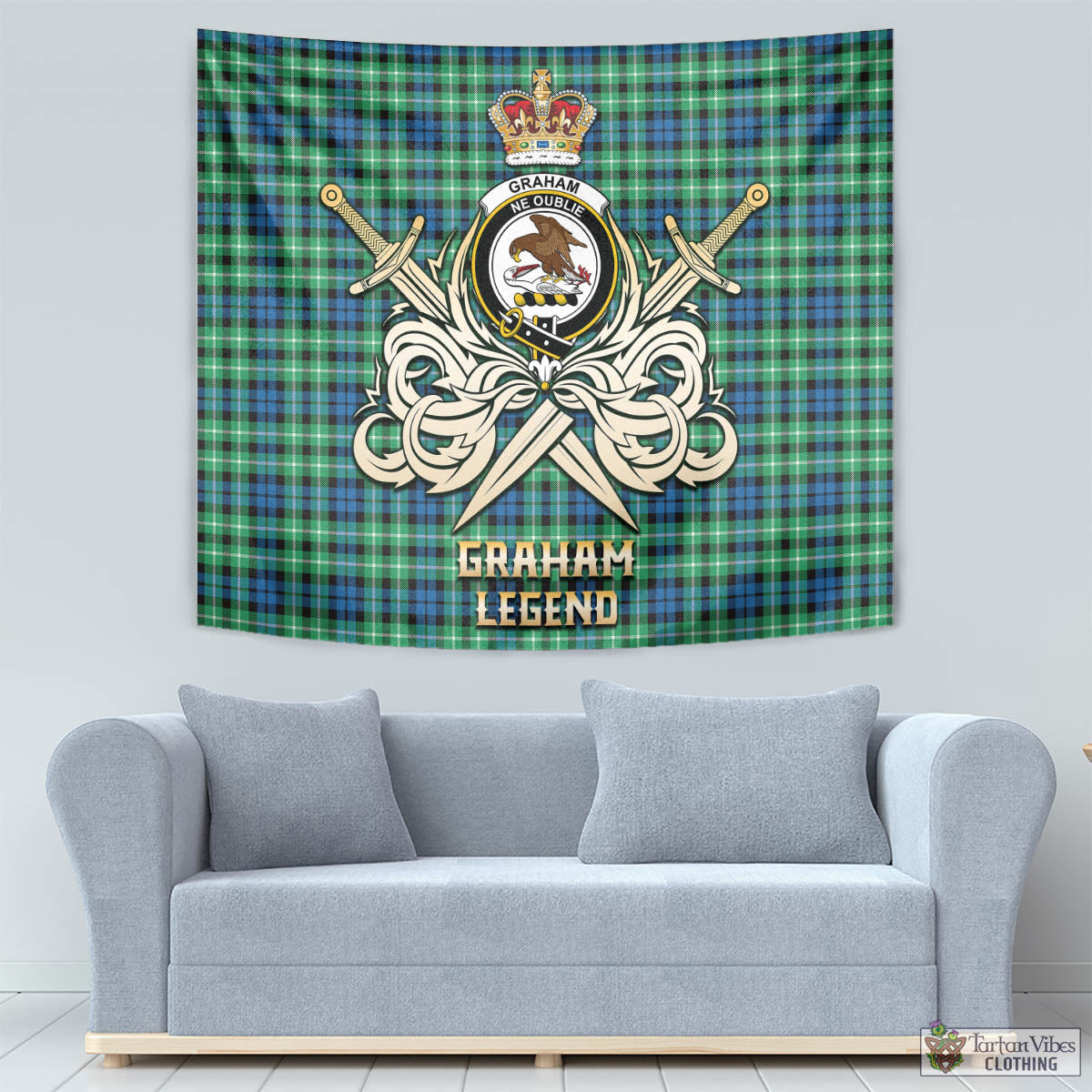 Tartan Vibes Clothing Graham of Montrose Ancient Tartan Tapestry with Clan Crest and the Golden Sword of Courageous Legacy