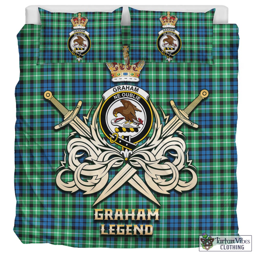 Tartan Vibes Clothing Graham of Montrose Ancient Tartan Bedding Set with Clan Crest and the Golden Sword of Courageous Legacy