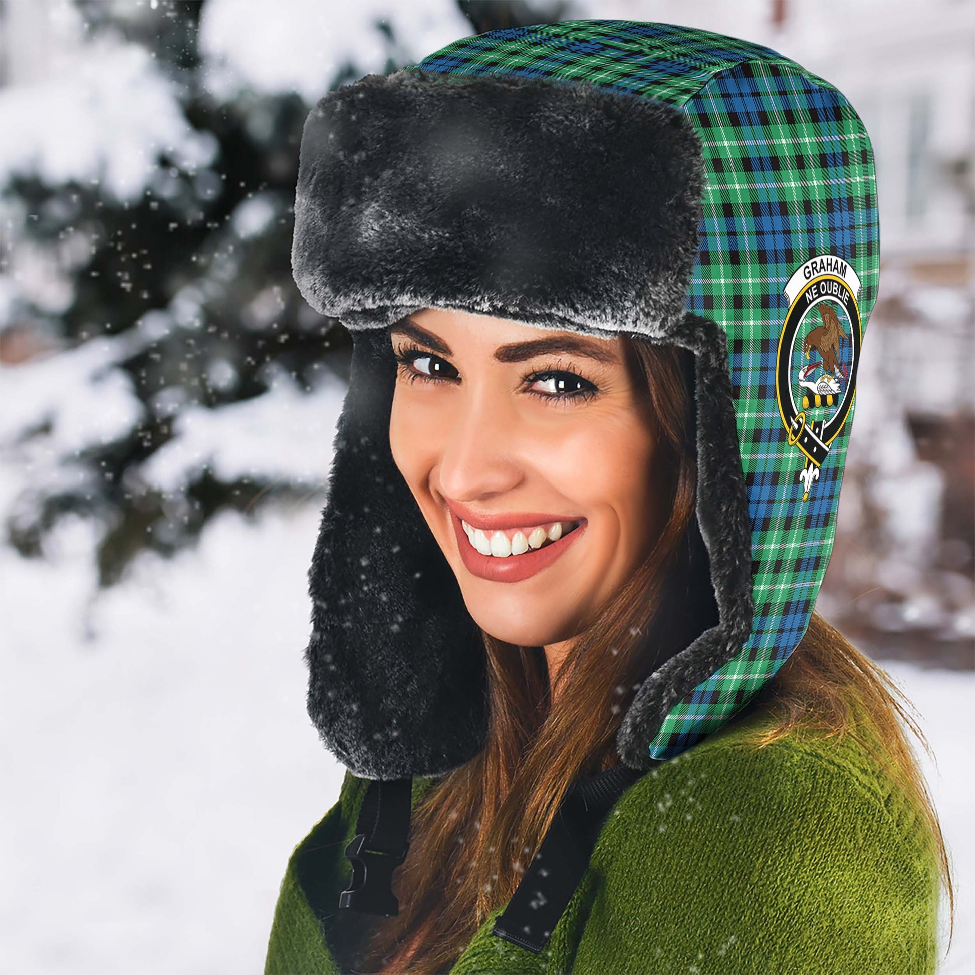 Graham of Montrose Ancient Tartan Winter Trapper Hat with Family Crest - Tartanvibesclothing