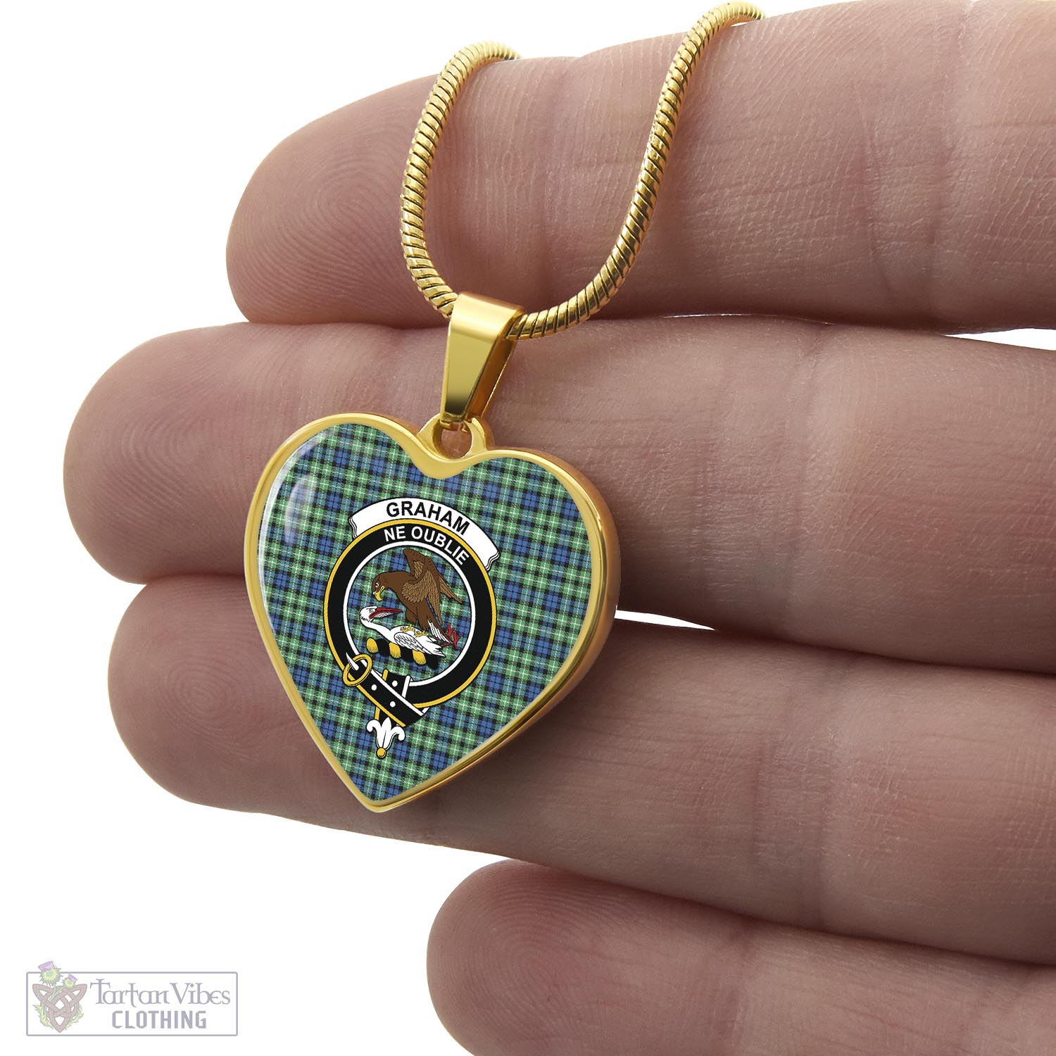 Tartan Vibes Clothing Graham of Montrose Ancient Tartan Heart Necklace with Family Crest