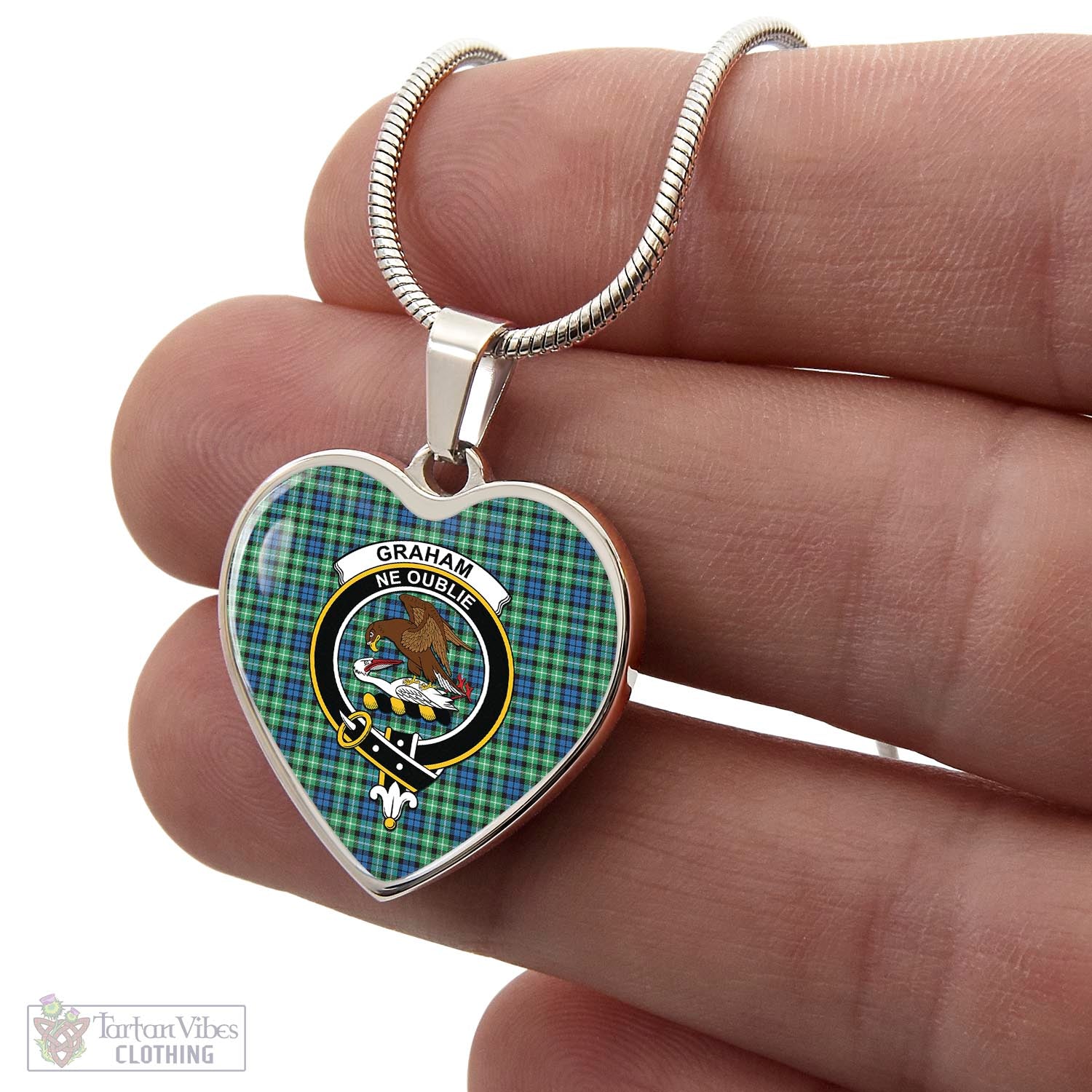 Tartan Vibes Clothing Graham of Montrose Ancient Tartan Heart Necklace with Family Crest