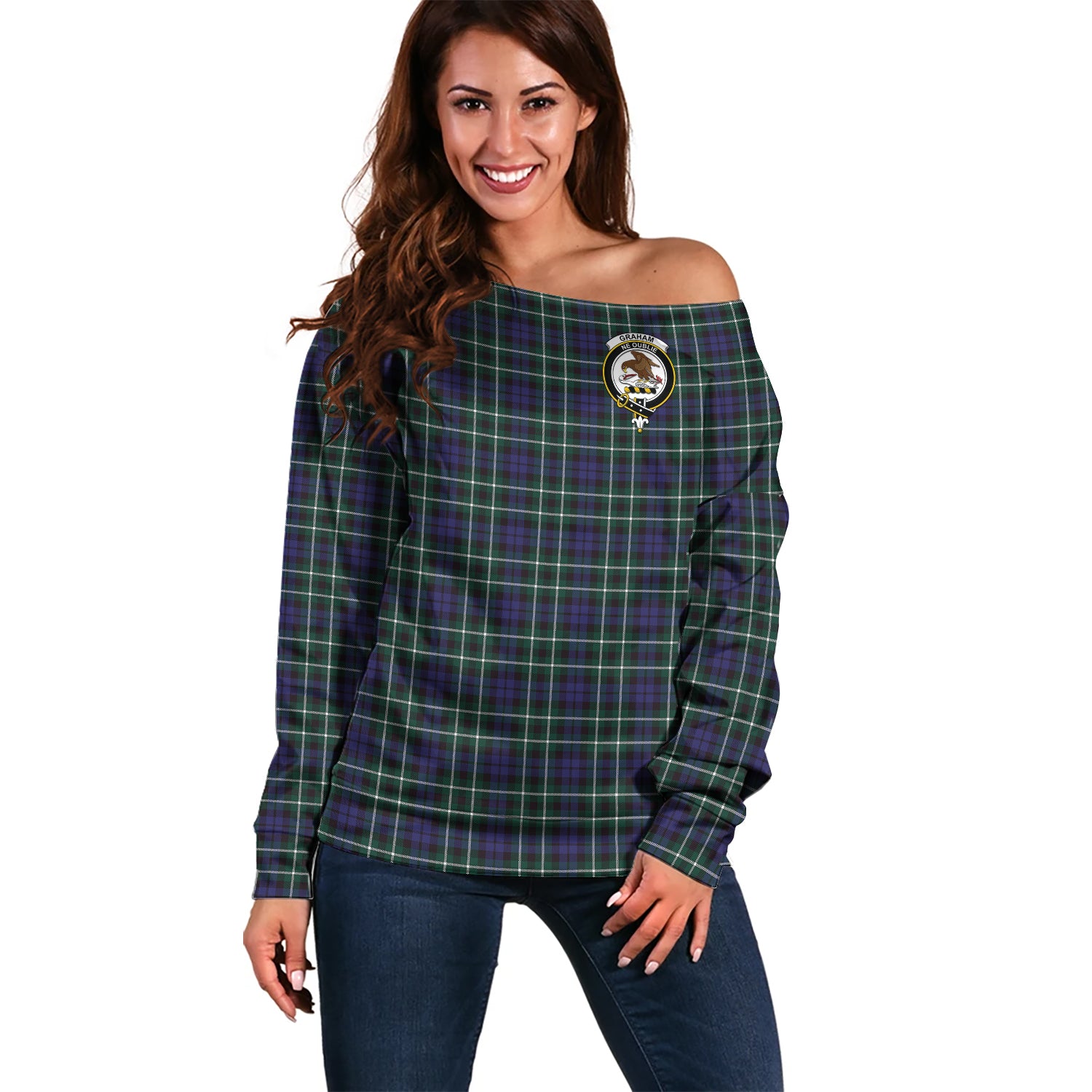 Graham of Montrose Modern Tartan Off Shoulder Women Sweater with Family Crest Women - Tartanvibesclothing