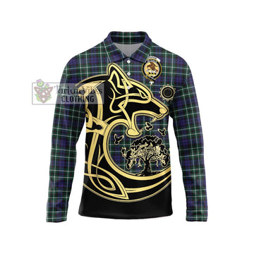 Graham of Montrose Modern Tartan Long Sleeve Polo Shirt with Family Crest Celtic Wolf Style