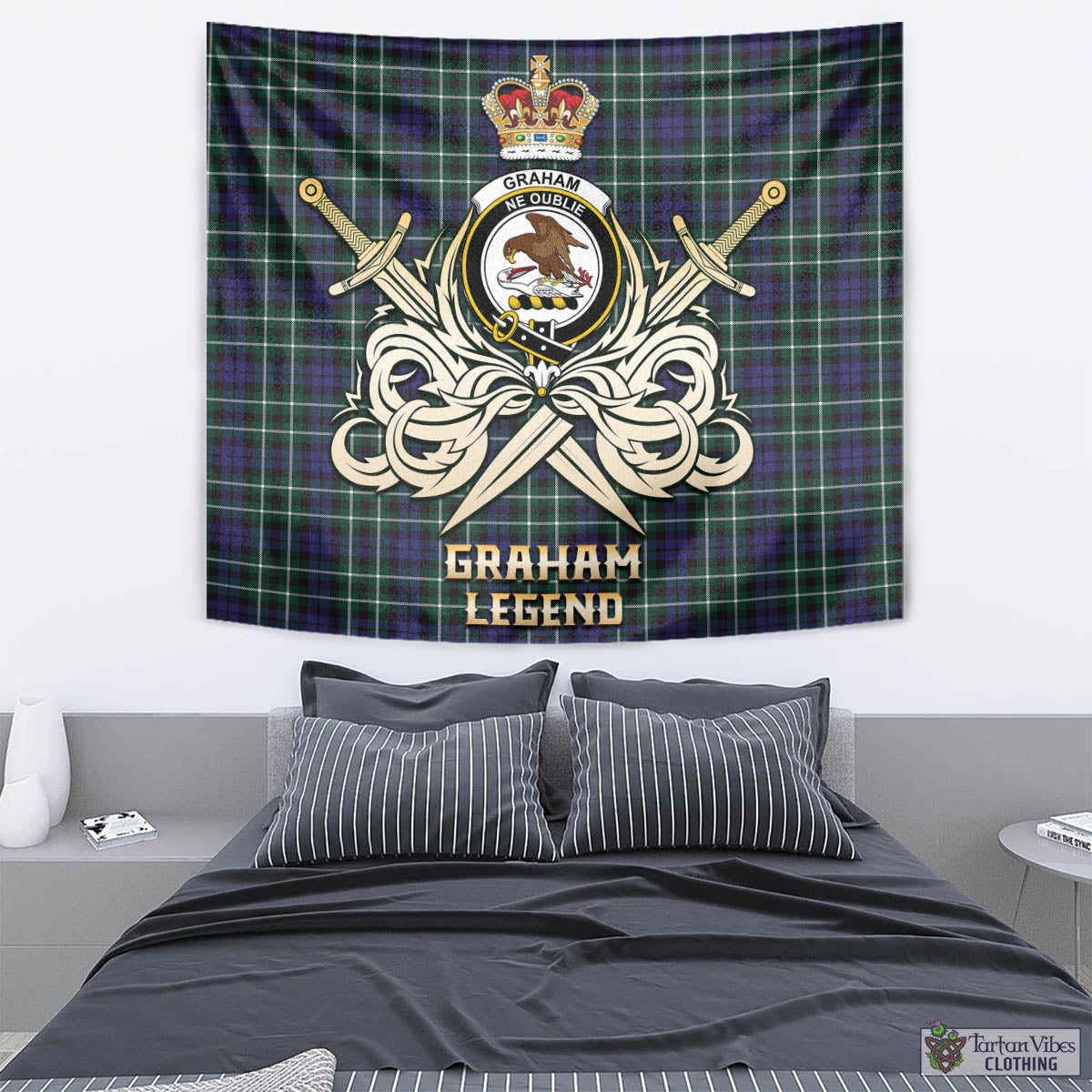 Tartan Vibes Clothing Graham of Montrose Modern Tartan Tapestry with Clan Crest and the Golden Sword of Courageous Legacy