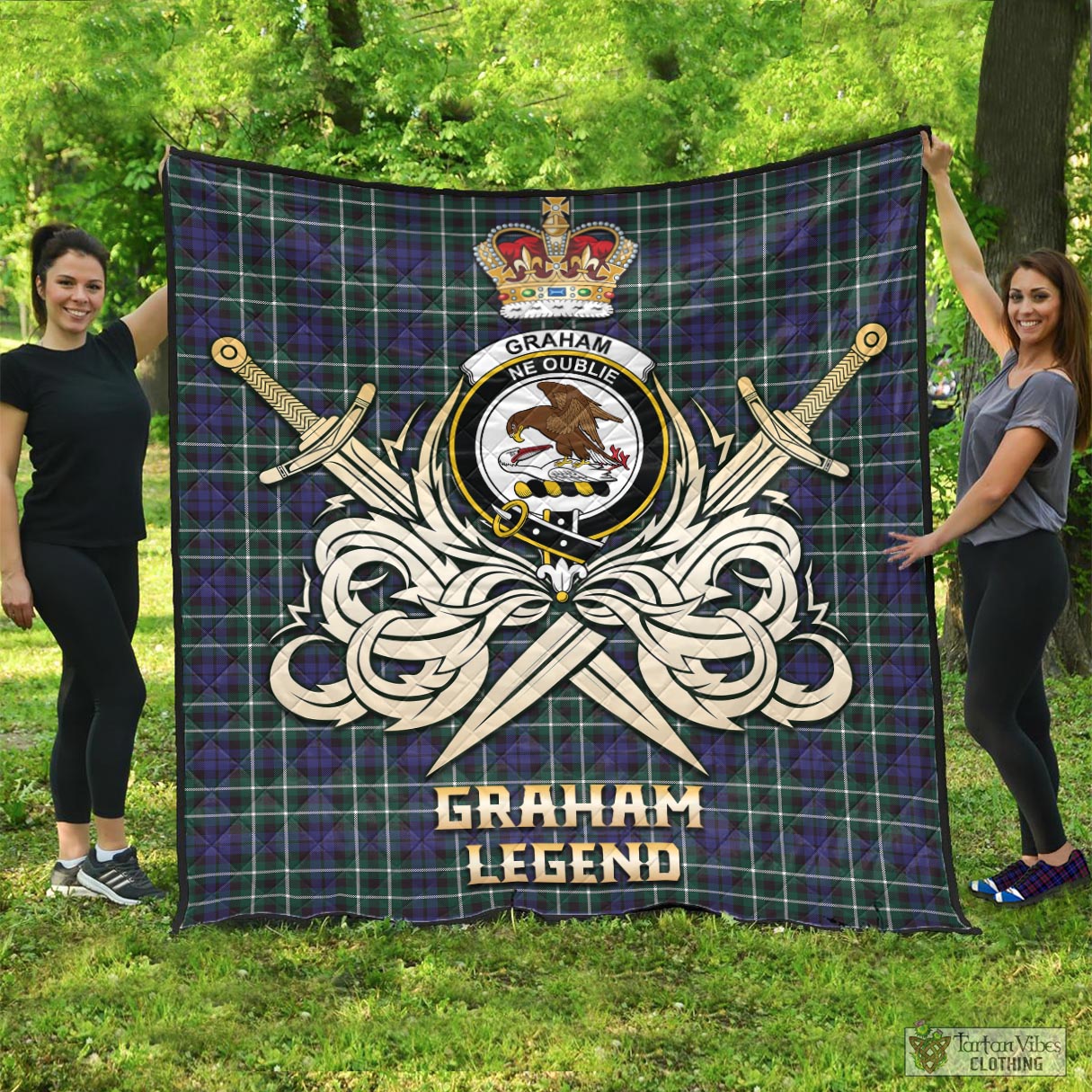 Tartan Vibes Clothing Graham of Montrose Modern Tartan Quilt with Clan Crest and the Golden Sword of Courageous Legacy