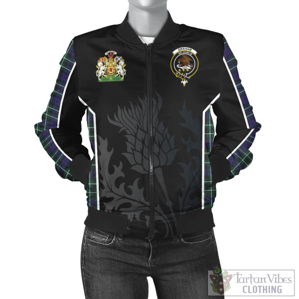 Tartan Vibes Clothing Graham of Montrose Modern Tartan Bomber Jacket with Family Crest and Scottish Thistle Vibes Sport Style