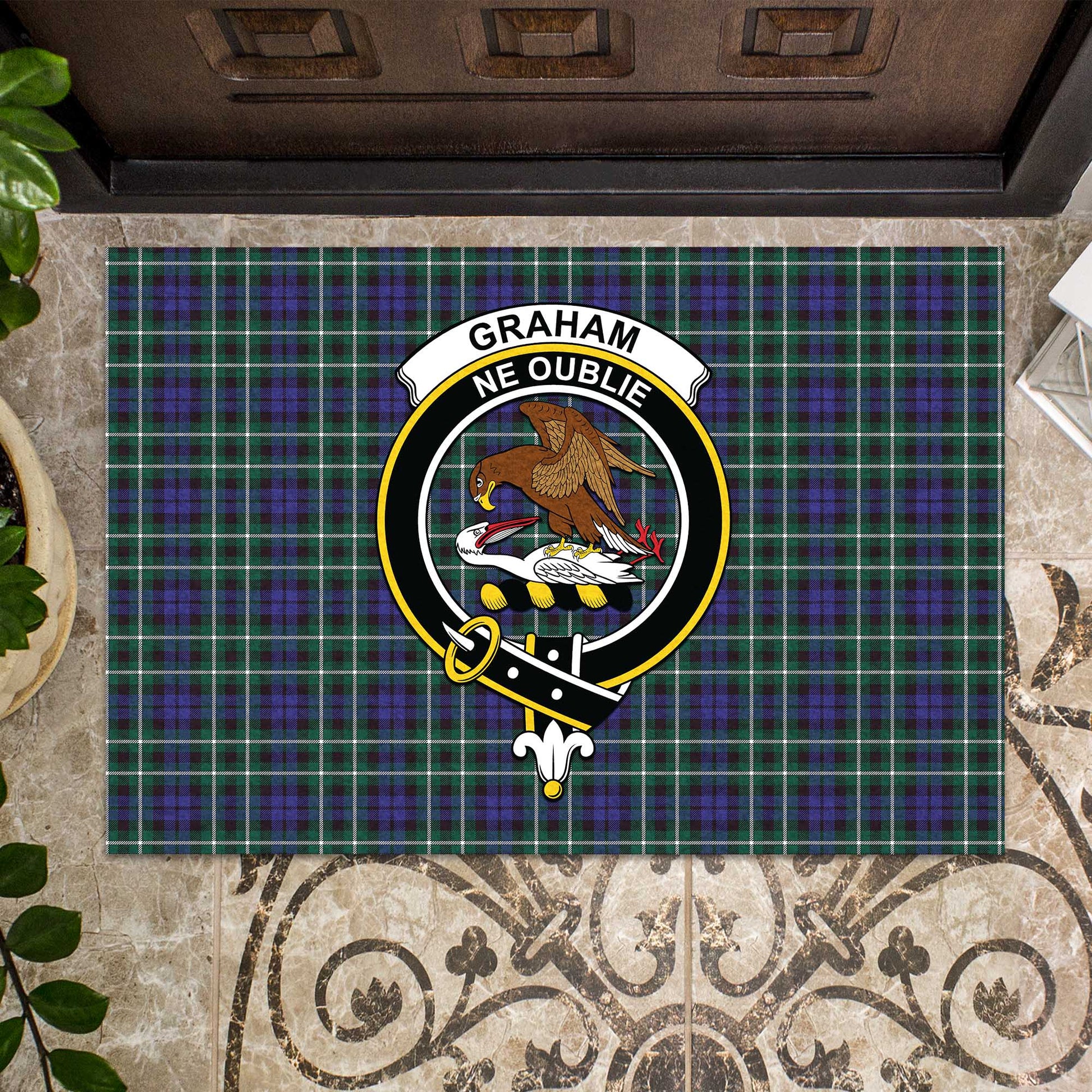 Graham of Montrose Modern Tartan Door Mat with Family Crest - Tartanvibesclothing